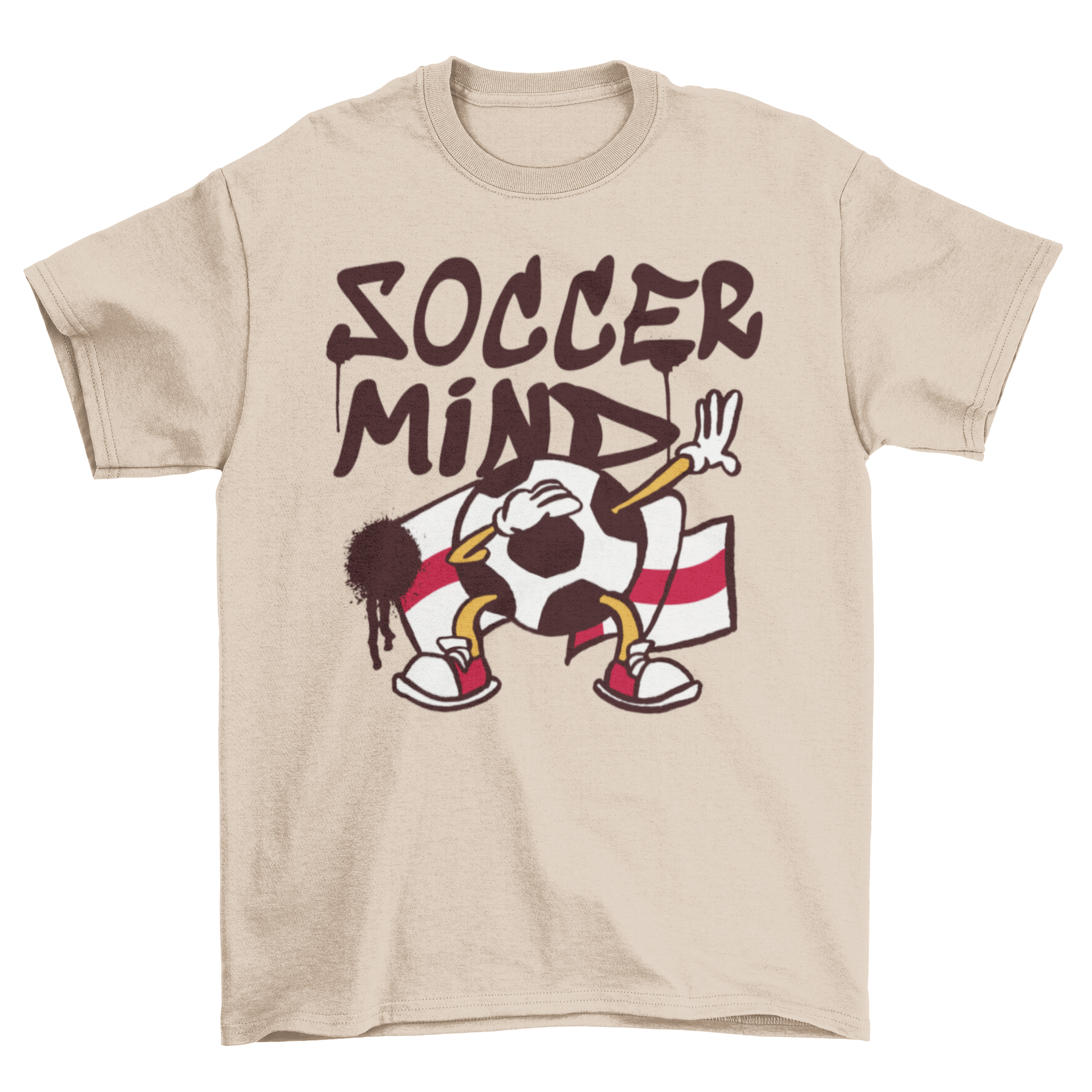 A vibrant England soccer cartoon t-shirt featuring a dabbing soccer ball design in front of the England flag.