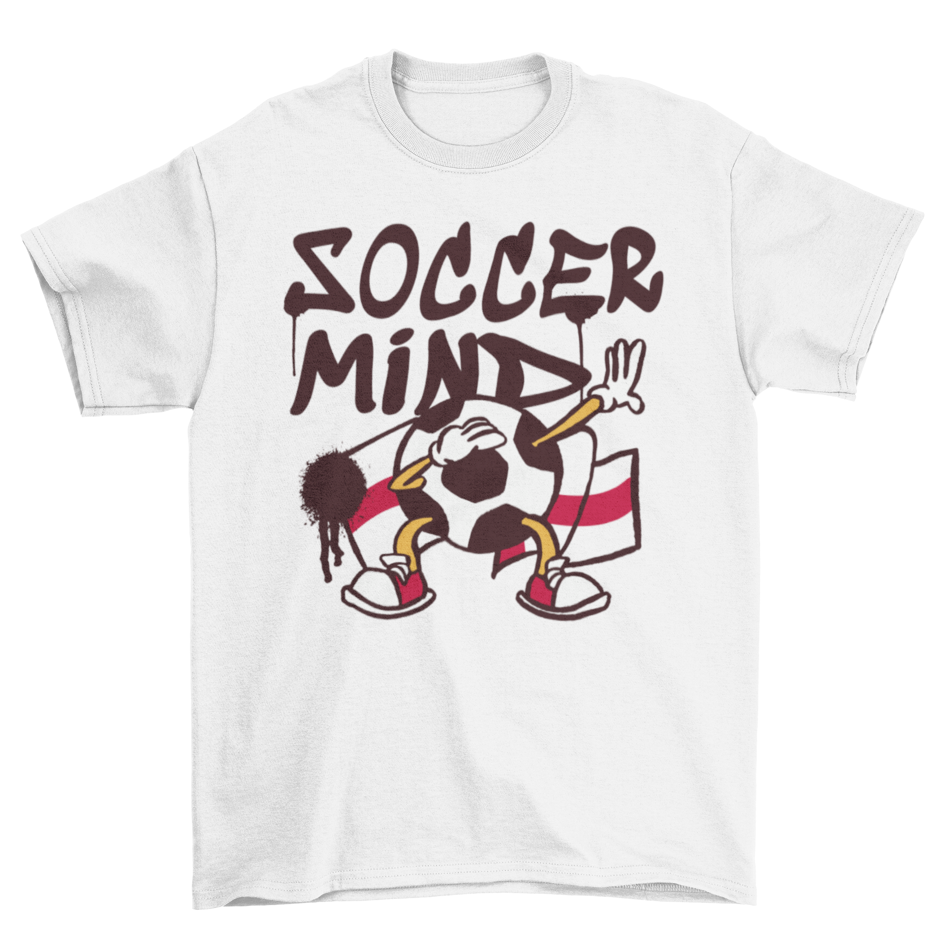 A vibrant England soccer cartoon t-shirt featuring a dabbing soccer ball design in front of the England flag.