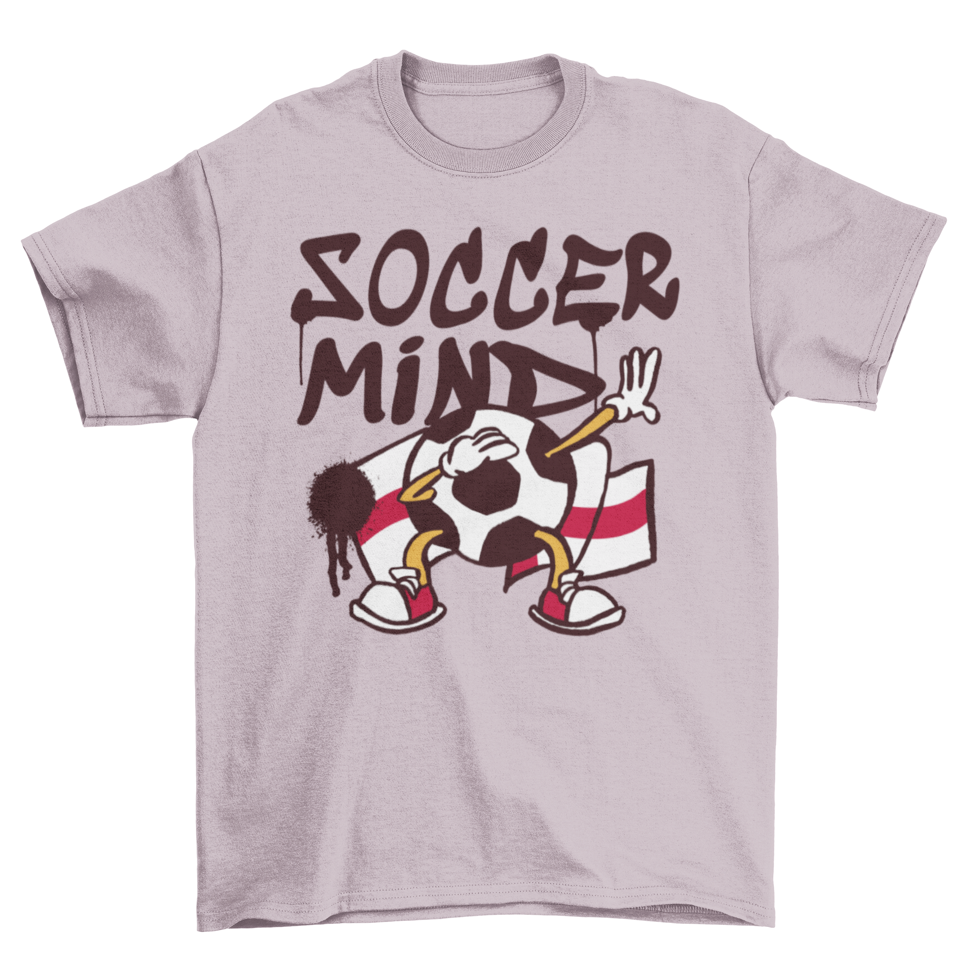 A vibrant England soccer cartoon t-shirt featuring a dabbing soccer ball design in front of the England flag.