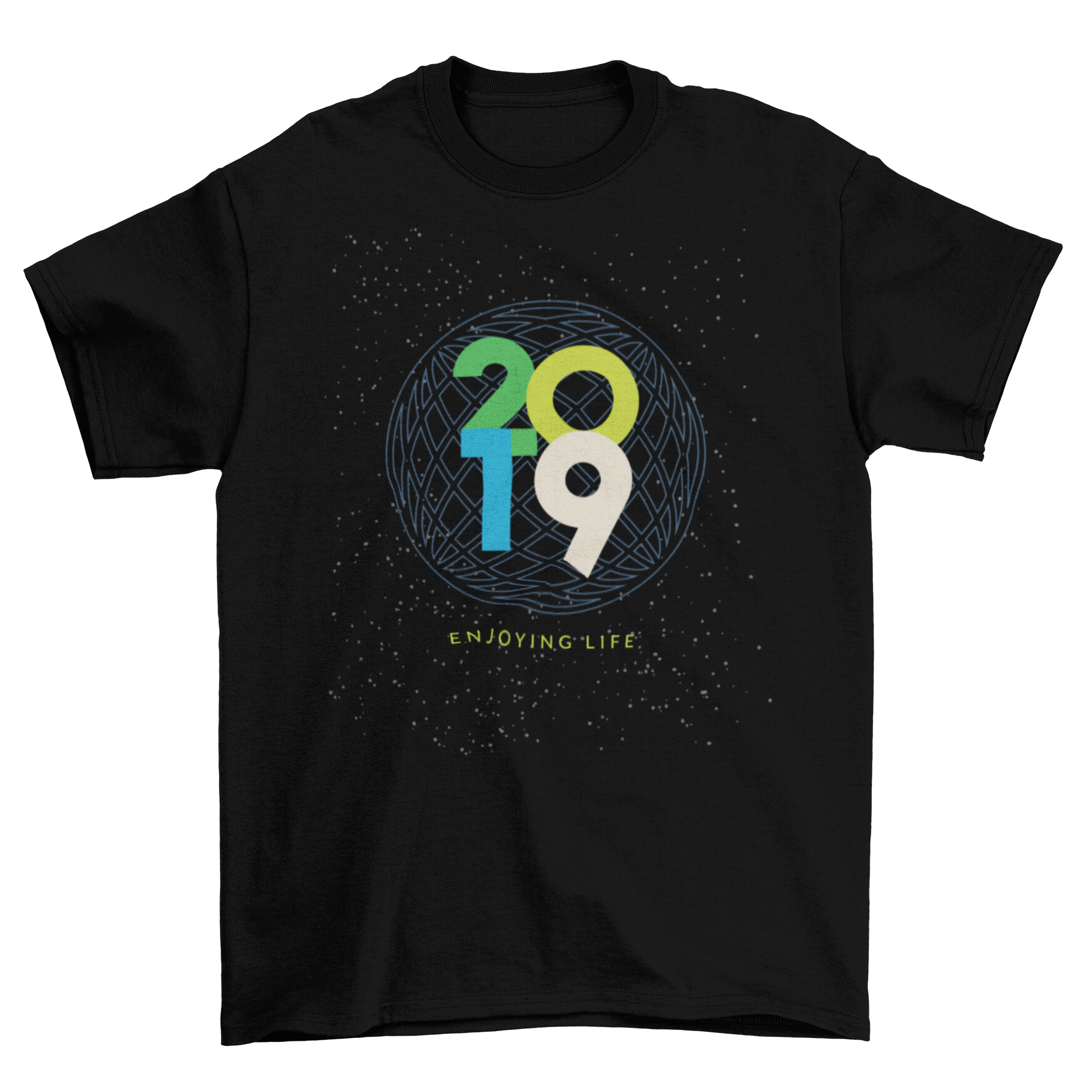 Enjoying Life T-Shirt Design featuring cosmic circle and 2019 lettering.