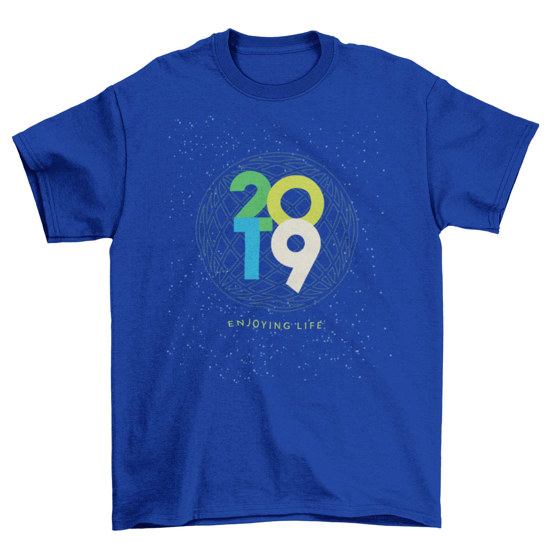 Enjoying Life T-Shirt Design featuring cosmic circle and 2019 lettering.