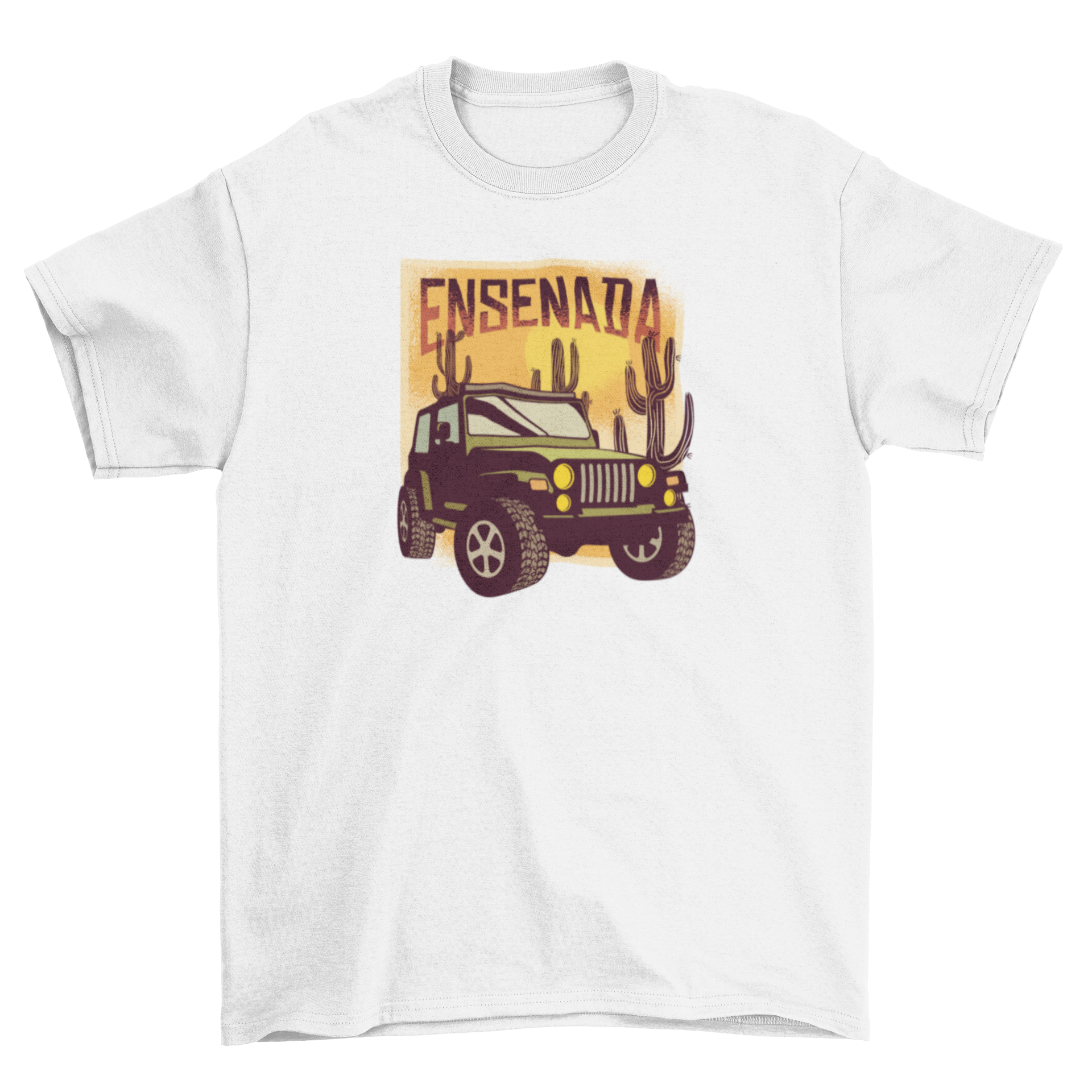 Ensenada T-Shirt featuring an all-terrain truck and desert landscape with cacti.