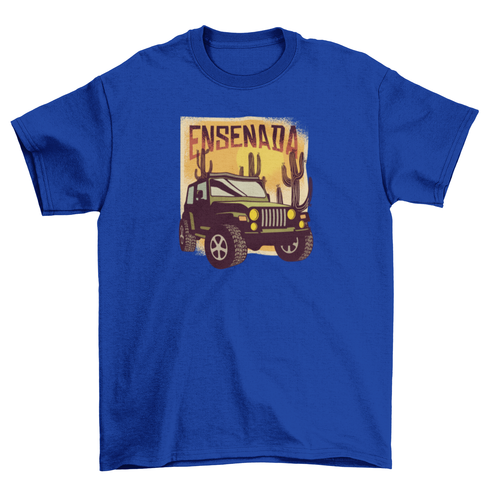 Ensenada T-Shirt featuring an all-terrain truck and desert landscape with cacti.