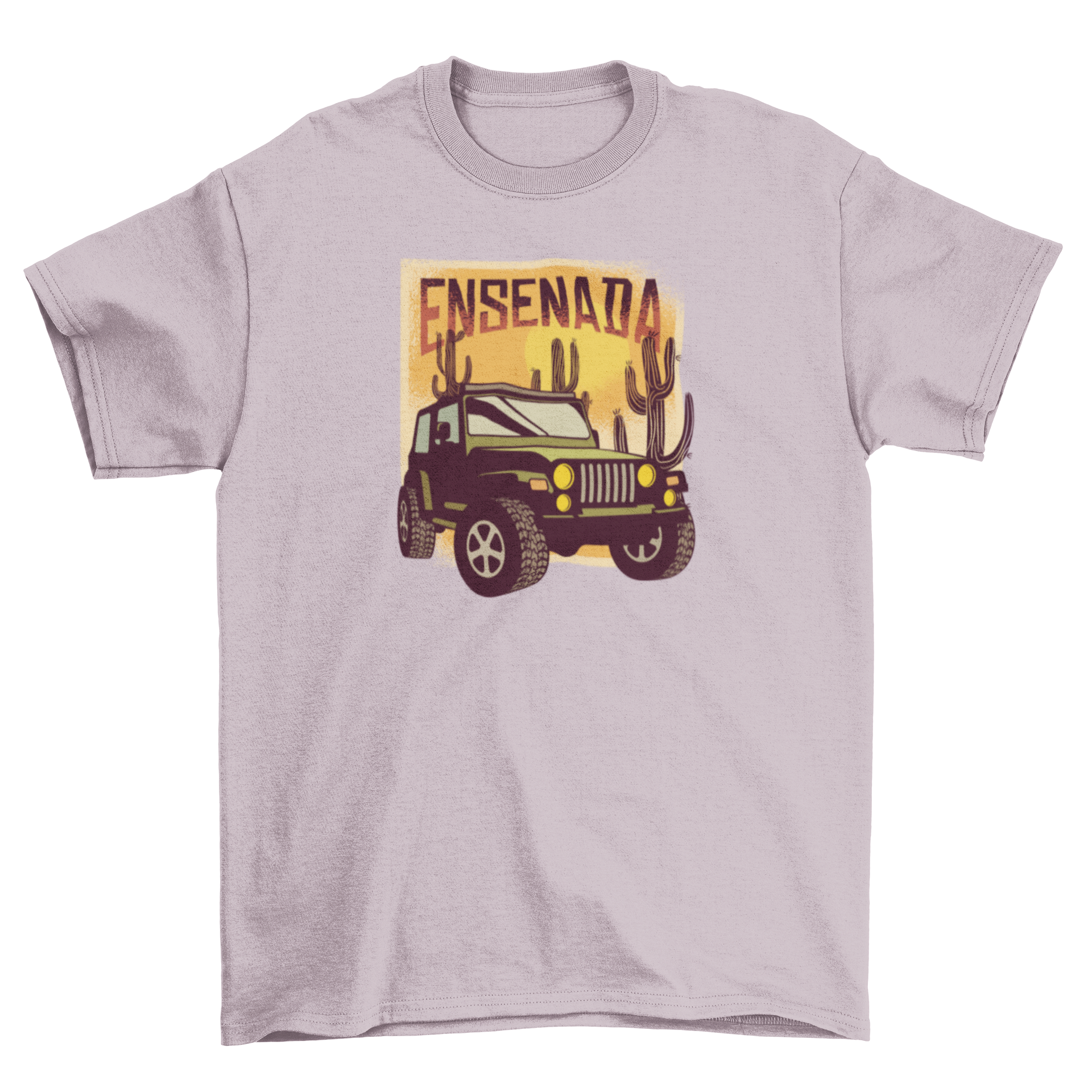 Ensenada T-Shirt featuring an all-terrain truck and desert landscape with cacti.