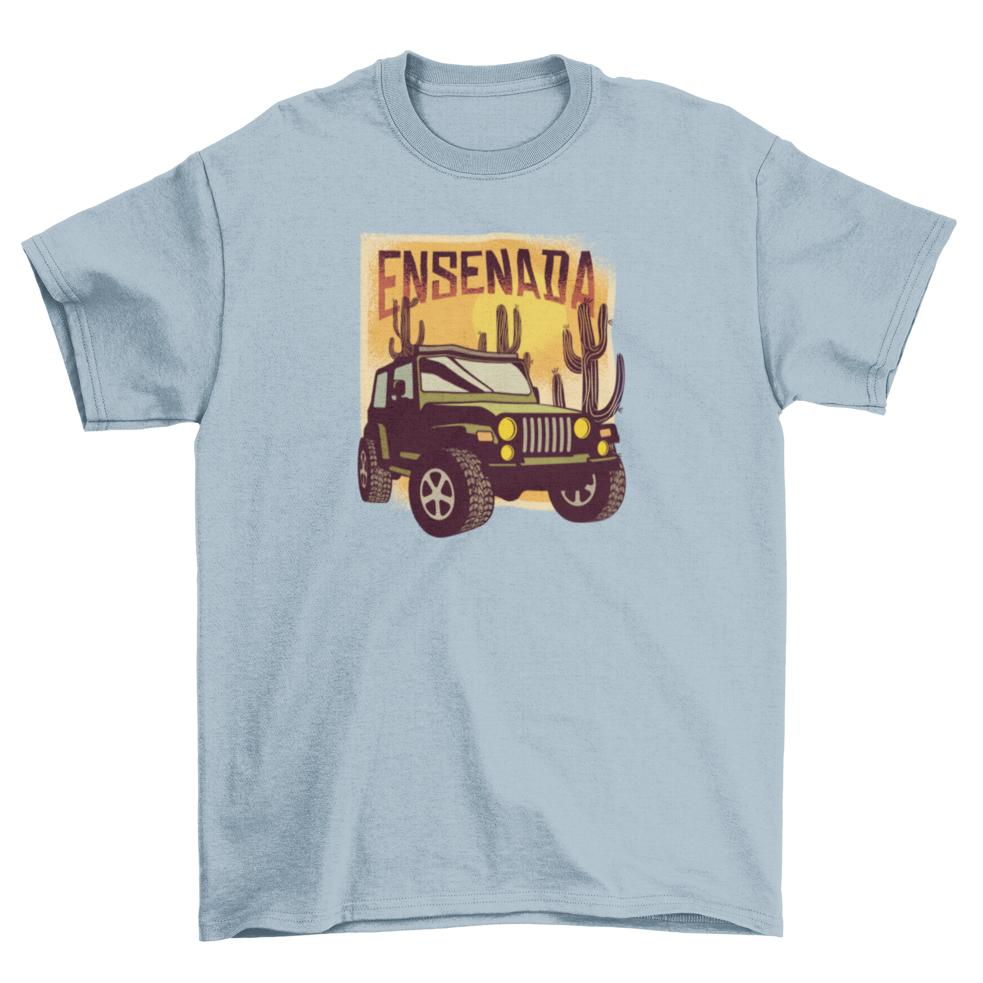 Ensenada T-Shirt featuring an all-terrain truck and desert landscape with cacti.