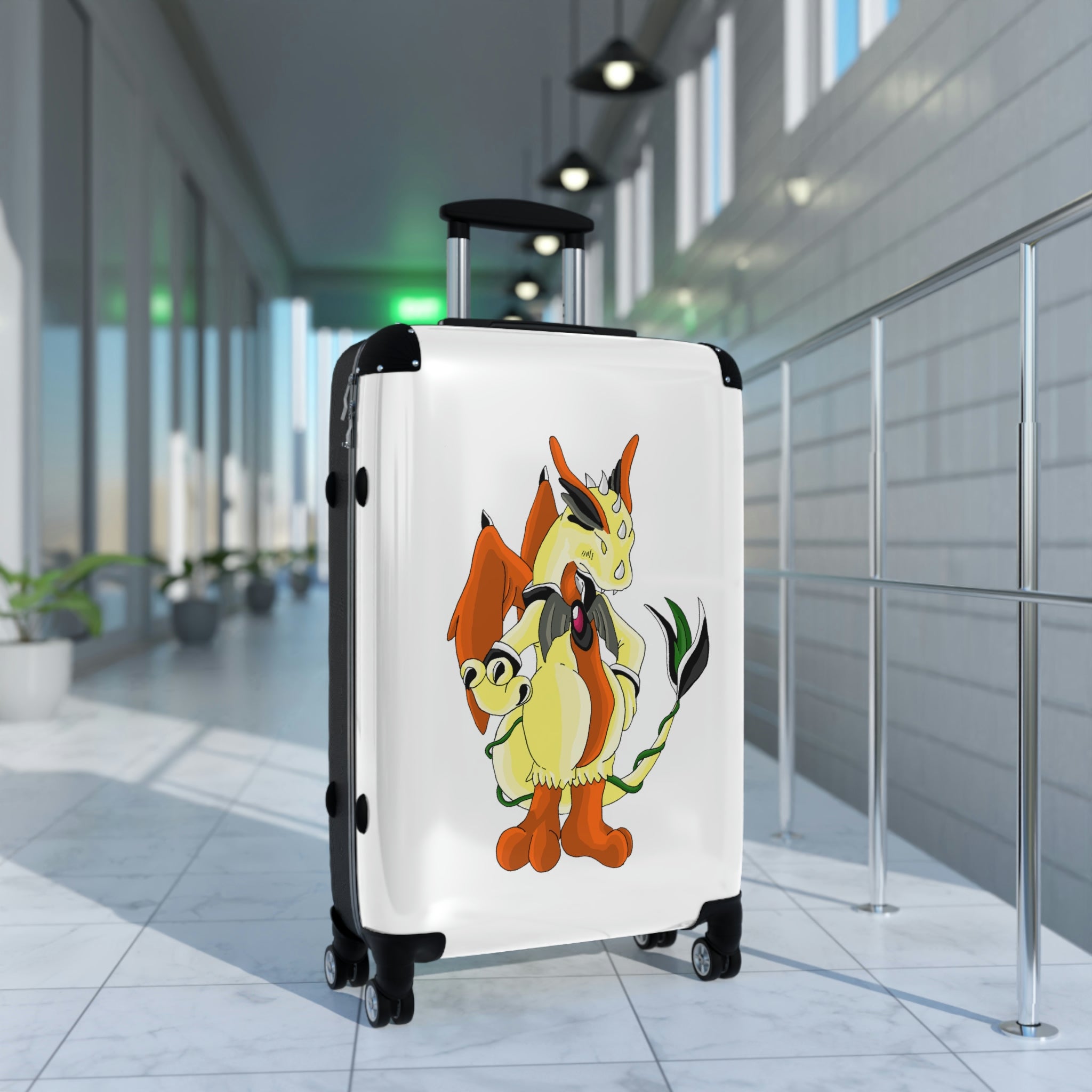 Ephanight Cabin Suitcase with personalized design, showcasing its polycarbonate front and ABS back, adjustable handle, and double wheels.