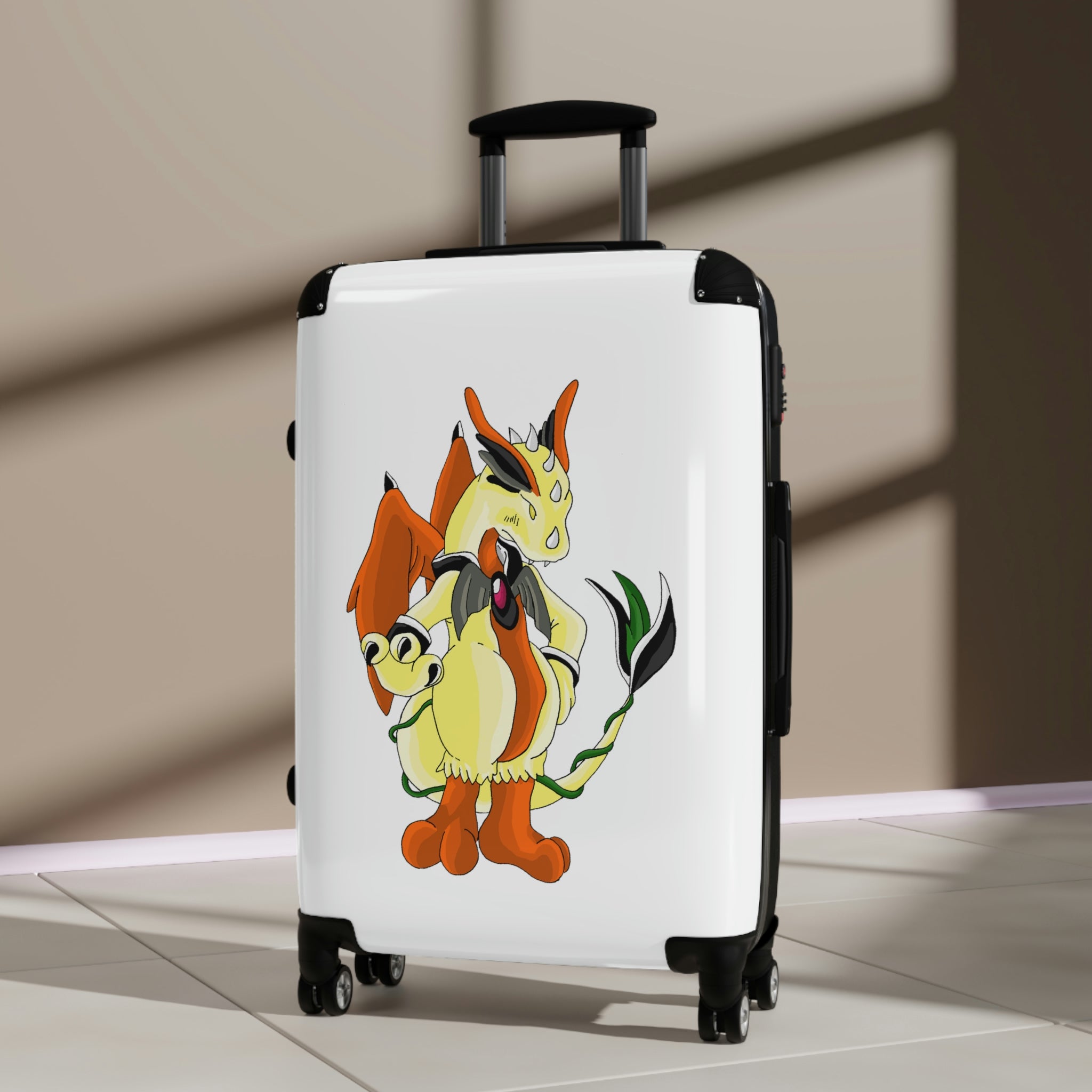 Ephanight Cabin Suitcase with personalized design, showcasing its polycarbonate front and ABS back, adjustable handle, and double wheels.