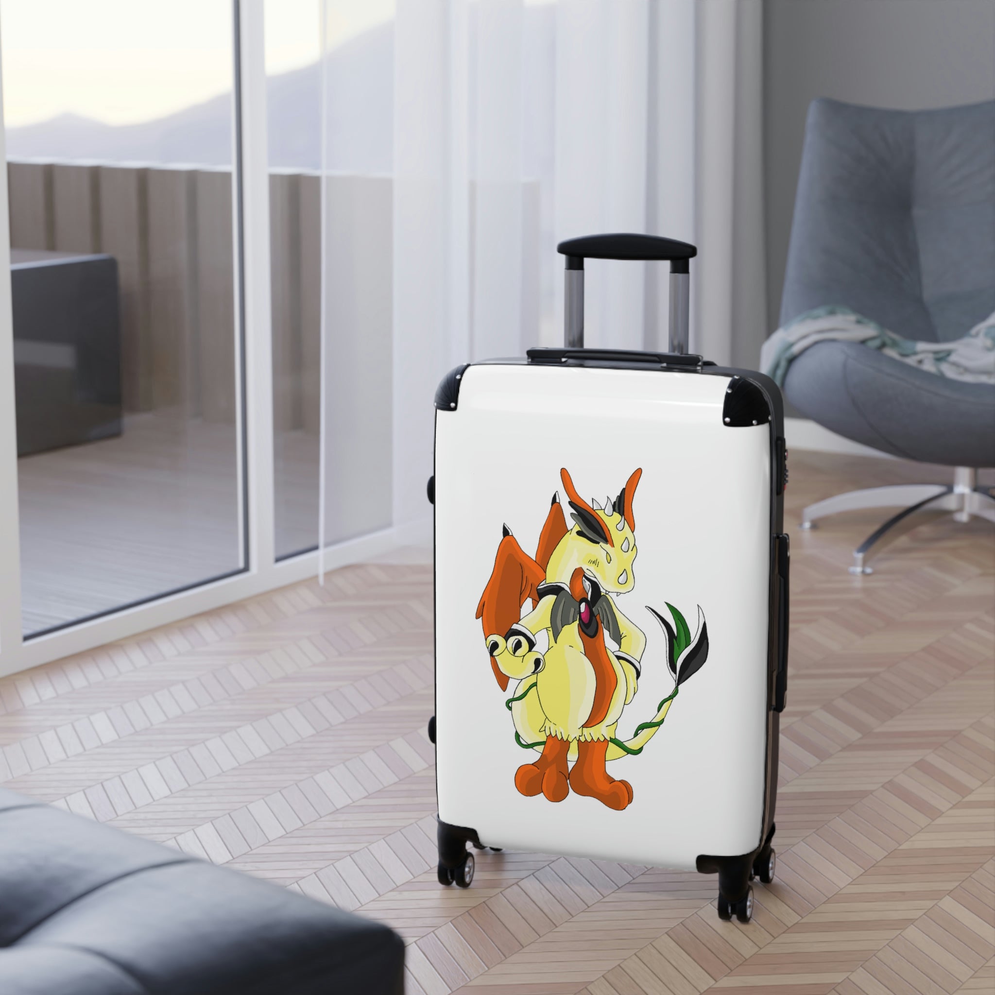 Ephanight Cabin Suitcase with personalized design, showcasing its polycarbonate front and ABS back, adjustable handle, and double wheels.