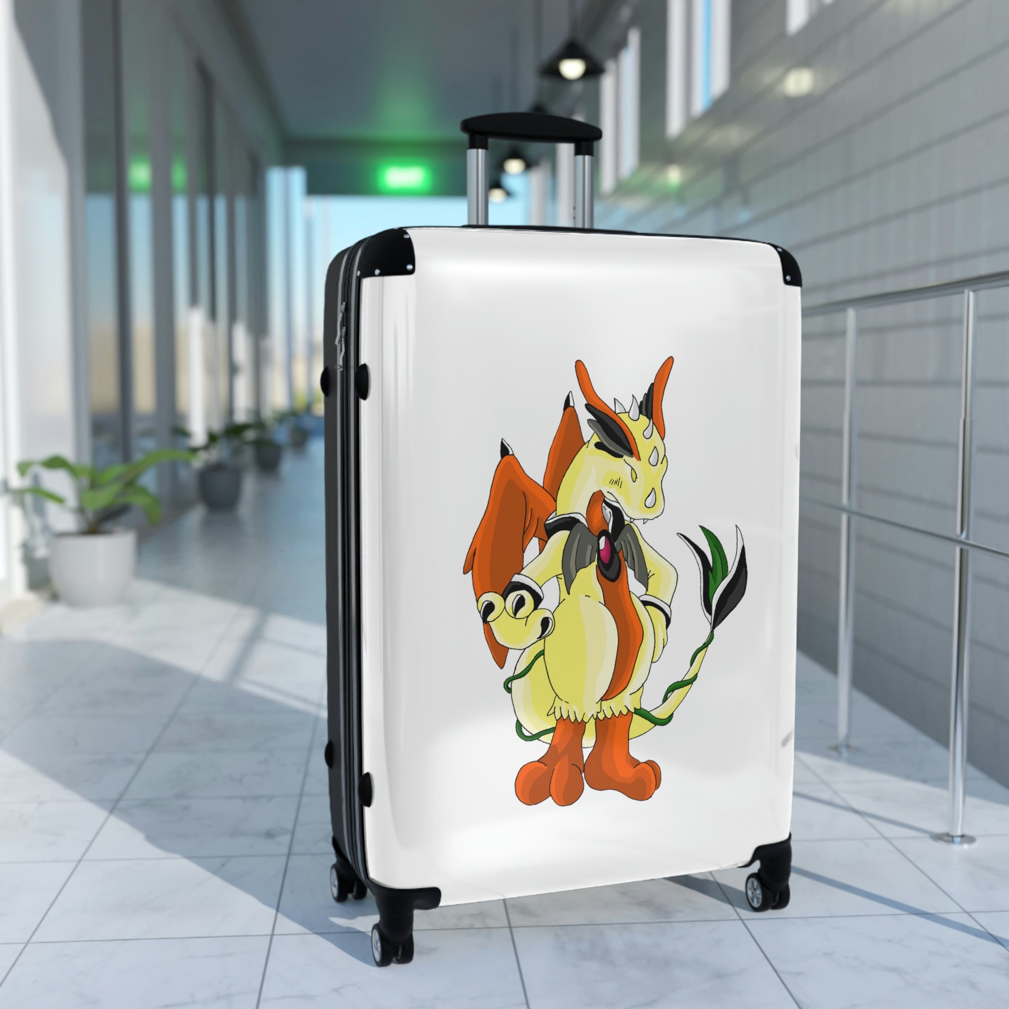 Ephanight Cabin Suitcase with personalized design, showcasing its polycarbonate front and ABS back, adjustable handle, and double wheels.