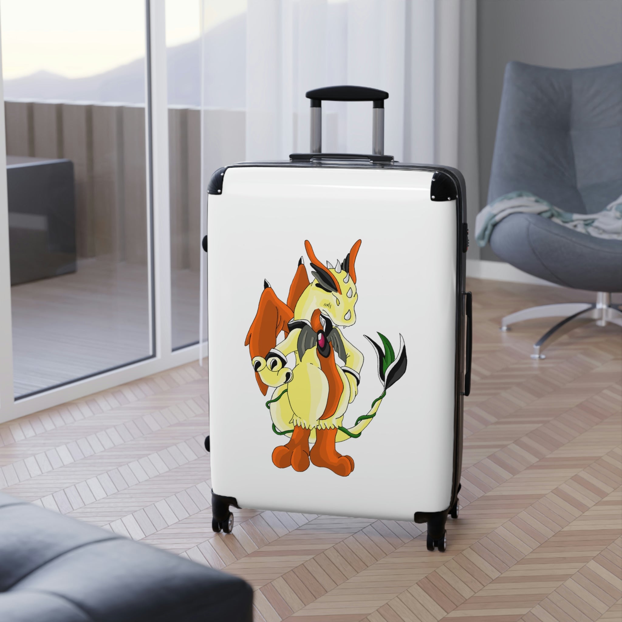 Ephanight Cabin Suitcase with personalized design, showcasing its polycarbonate front and ABS back, adjustable handle, and double wheels.