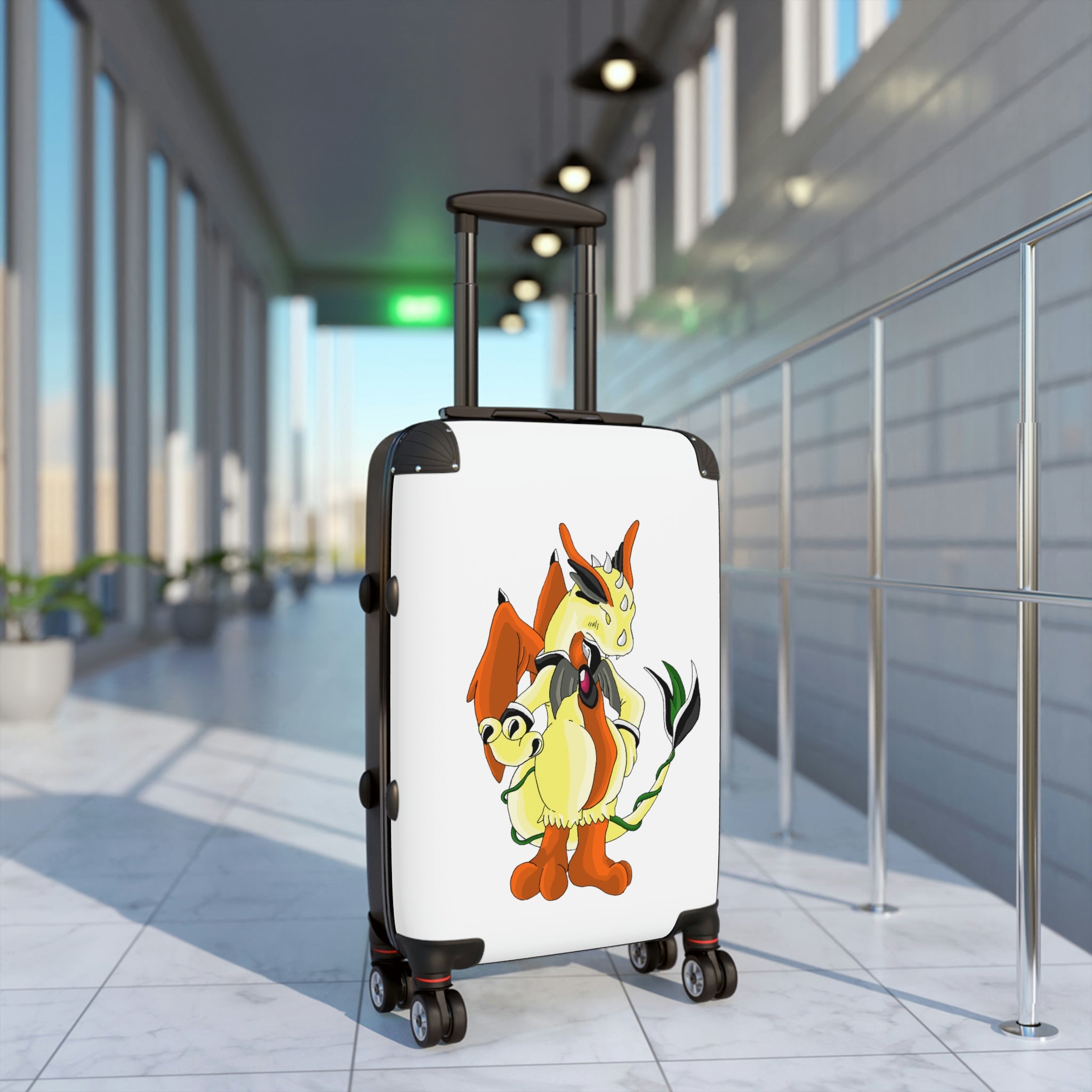 Ephanight Cabin Suitcase with personalized design, showcasing its polycarbonate front and ABS back, adjustable handle, and double wheels.