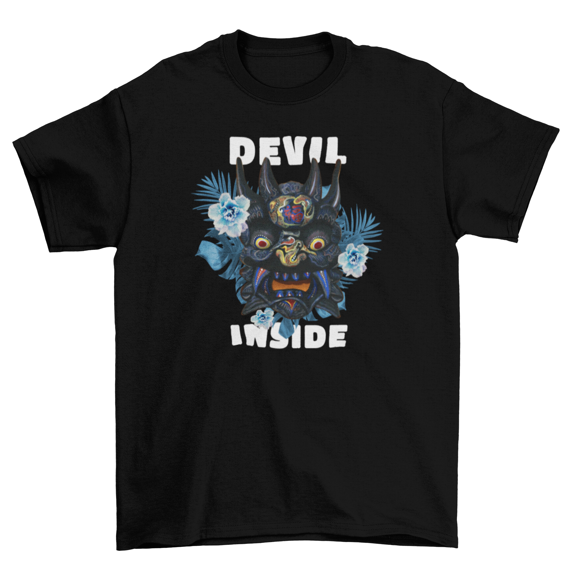 Epic Floral Monster t-shirt featuring a monster mask surrounded by colorful flowers and the quote 'Devil inside'.