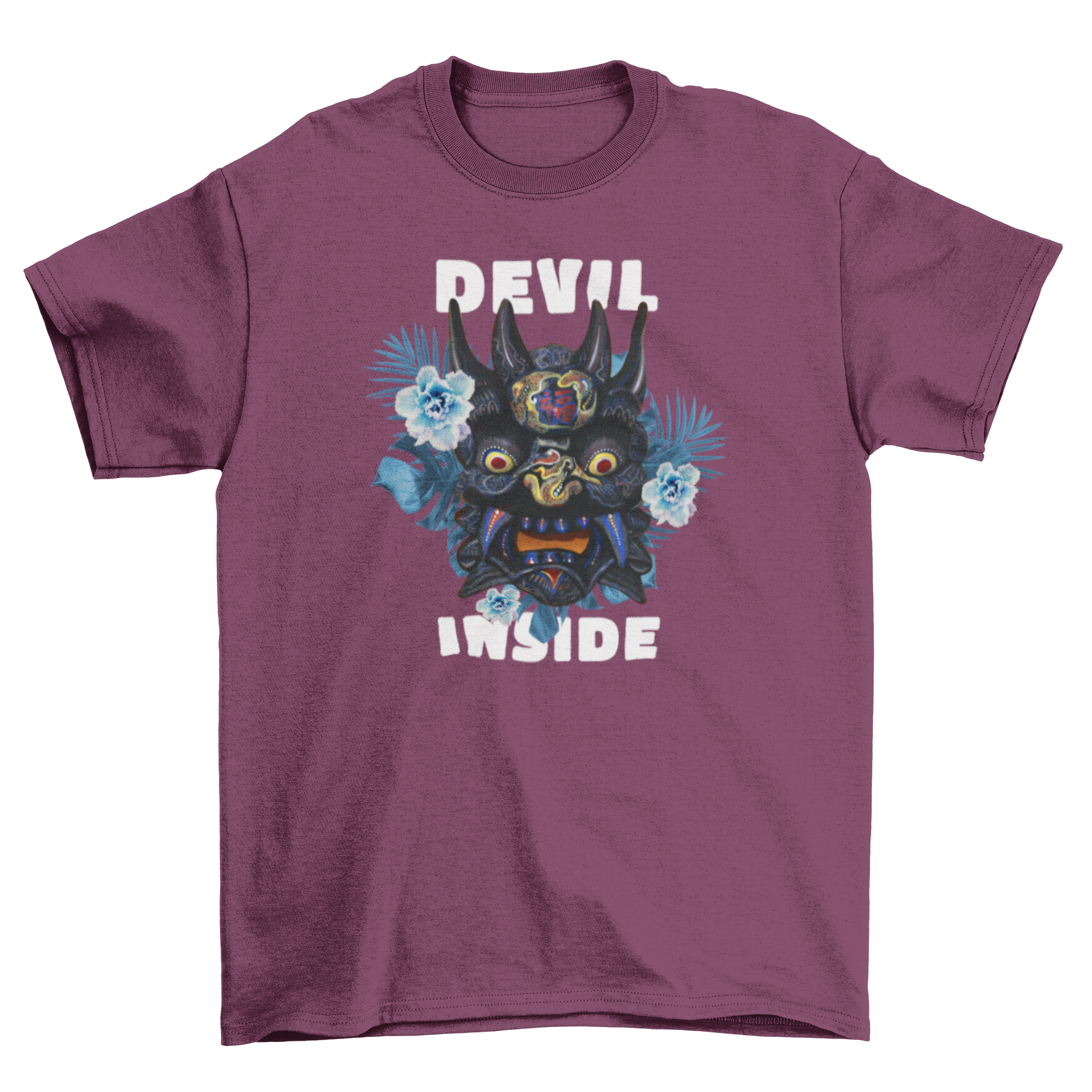 Epic Floral Monster t-shirt featuring a monster mask surrounded by colorful flowers and the quote 'Devil inside'.