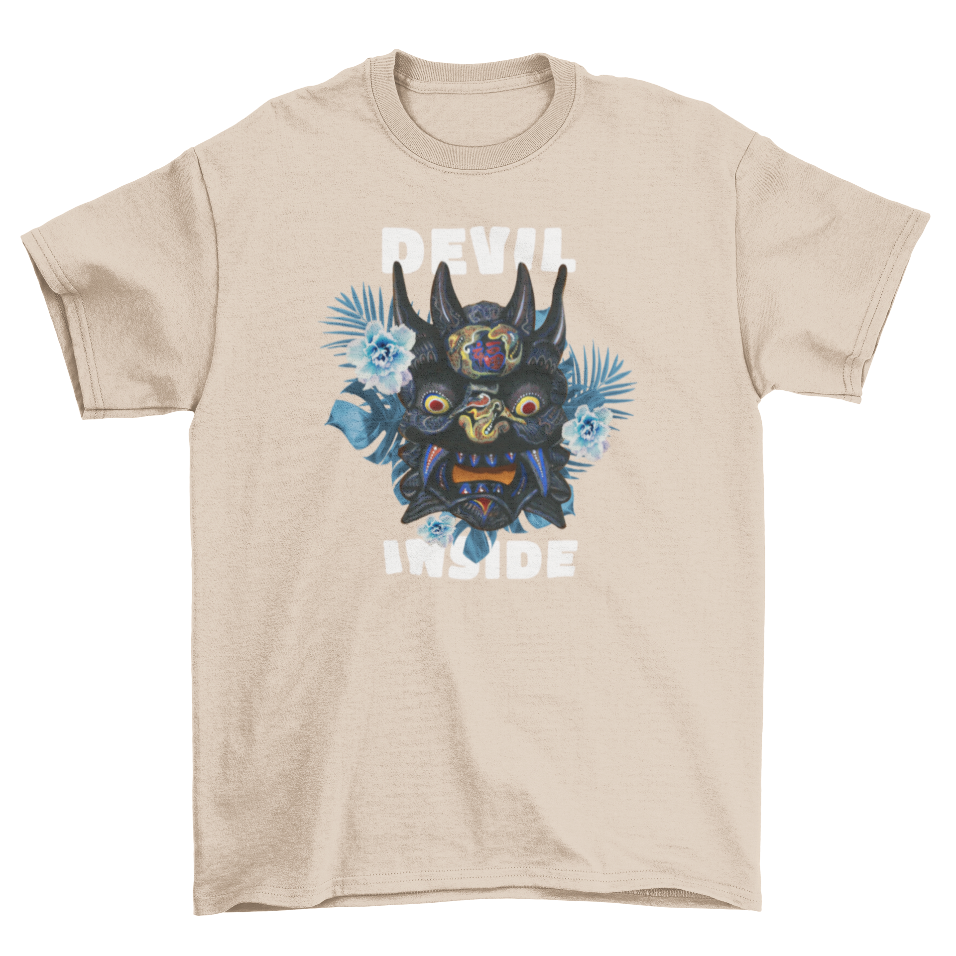 Epic Floral Monster t-shirt featuring a monster mask surrounded by colorful flowers and the quote 'Devil inside'.