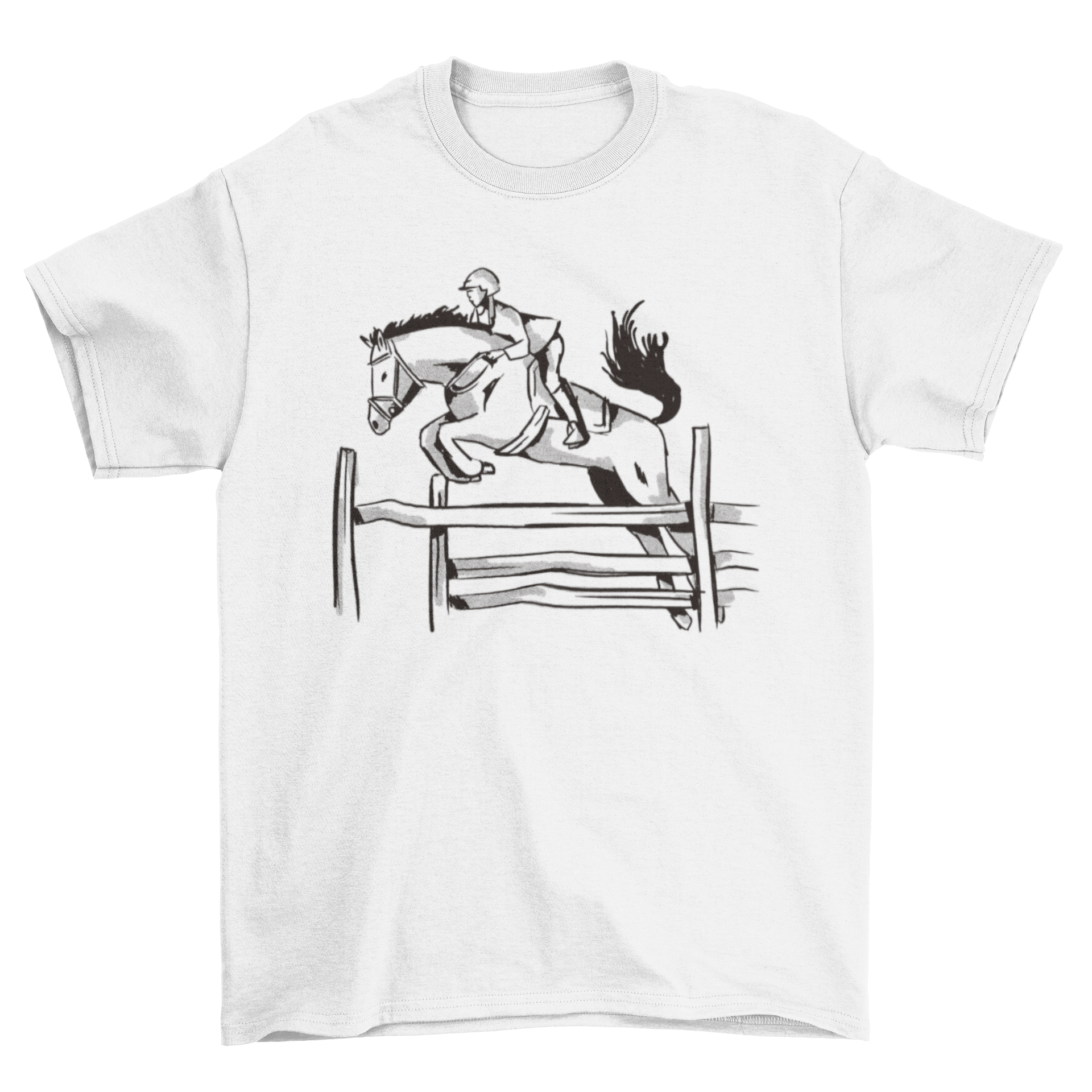 Black and white t-shirt featuring a jockey riding a racehorse, stylish and comfortable for equestrian enthusiasts.