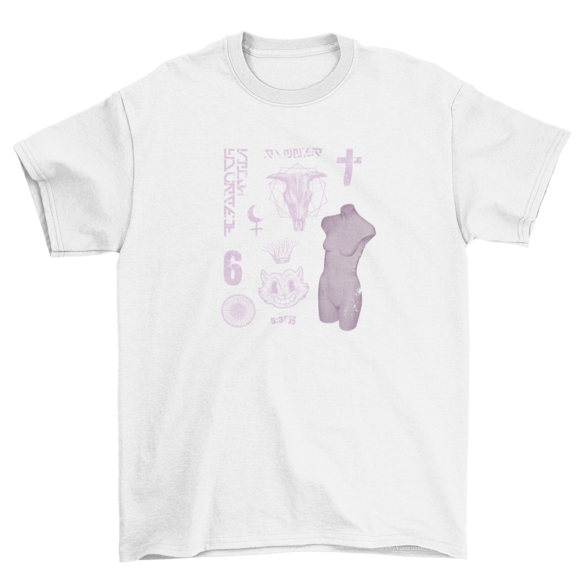 Esoteric monochrome t-shirt design featuring random purple elements on a stylish fabric.