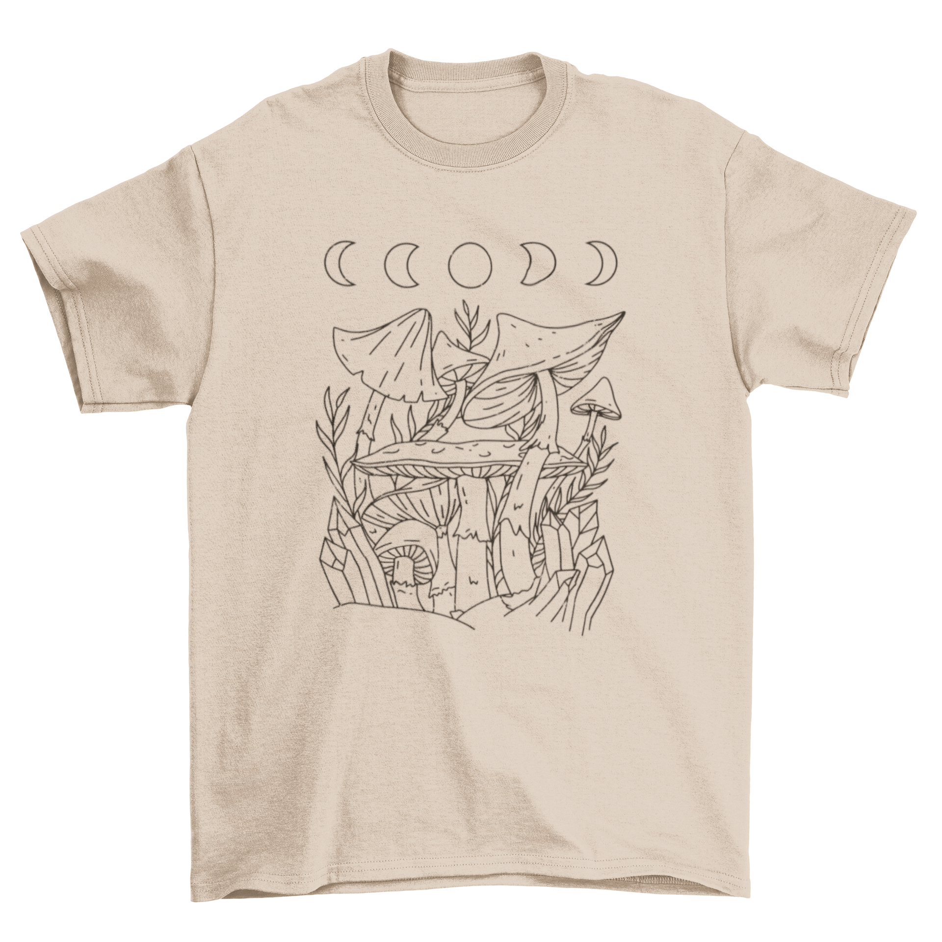 Esoteric t-shirt featuring a vibrant design of mushrooms, crystals, and moon cycles, perfect for nature lovers.