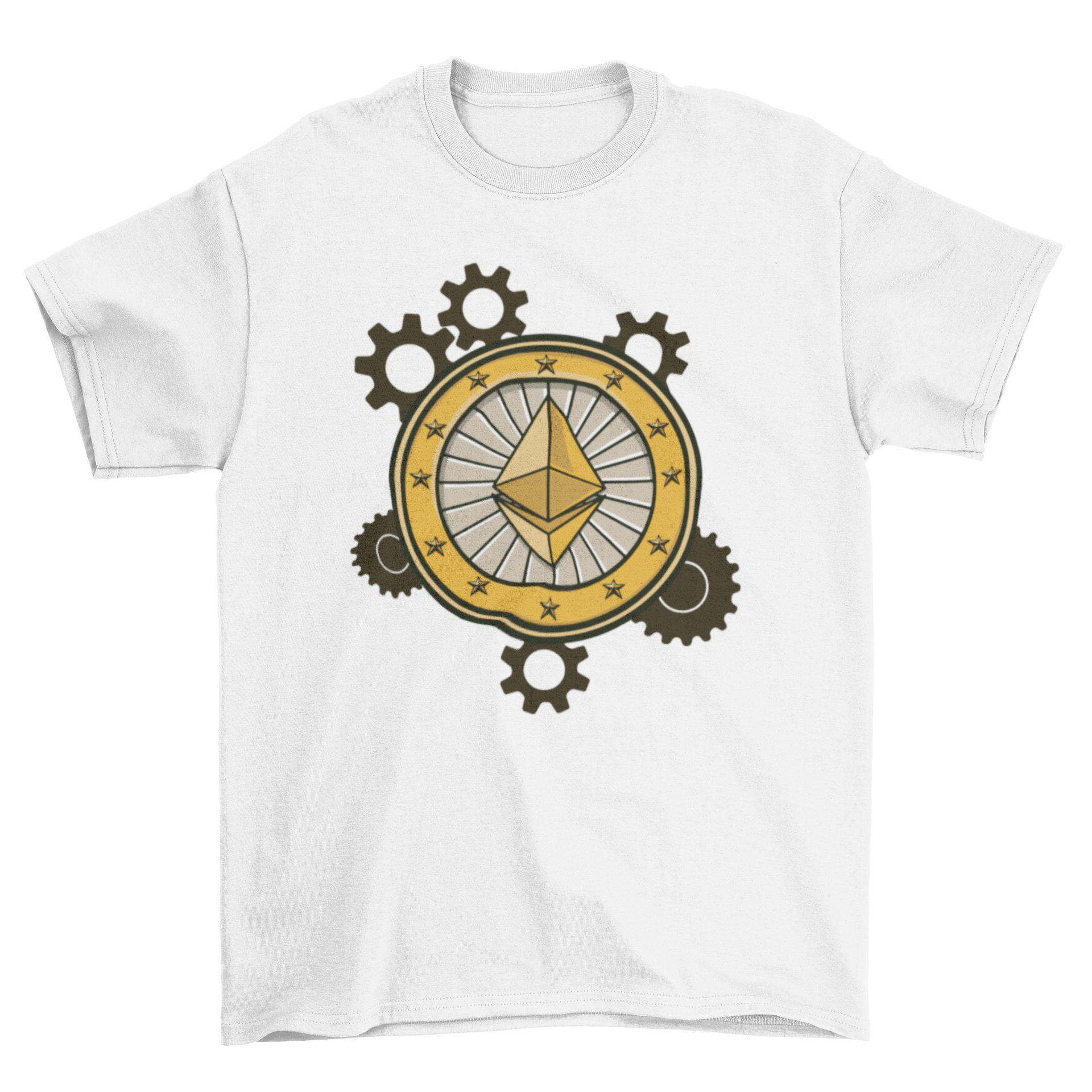 Ethereum gears t-shirt featuring the Ethereum logo in a gear illustration style, showcasing a modern and stylish design.