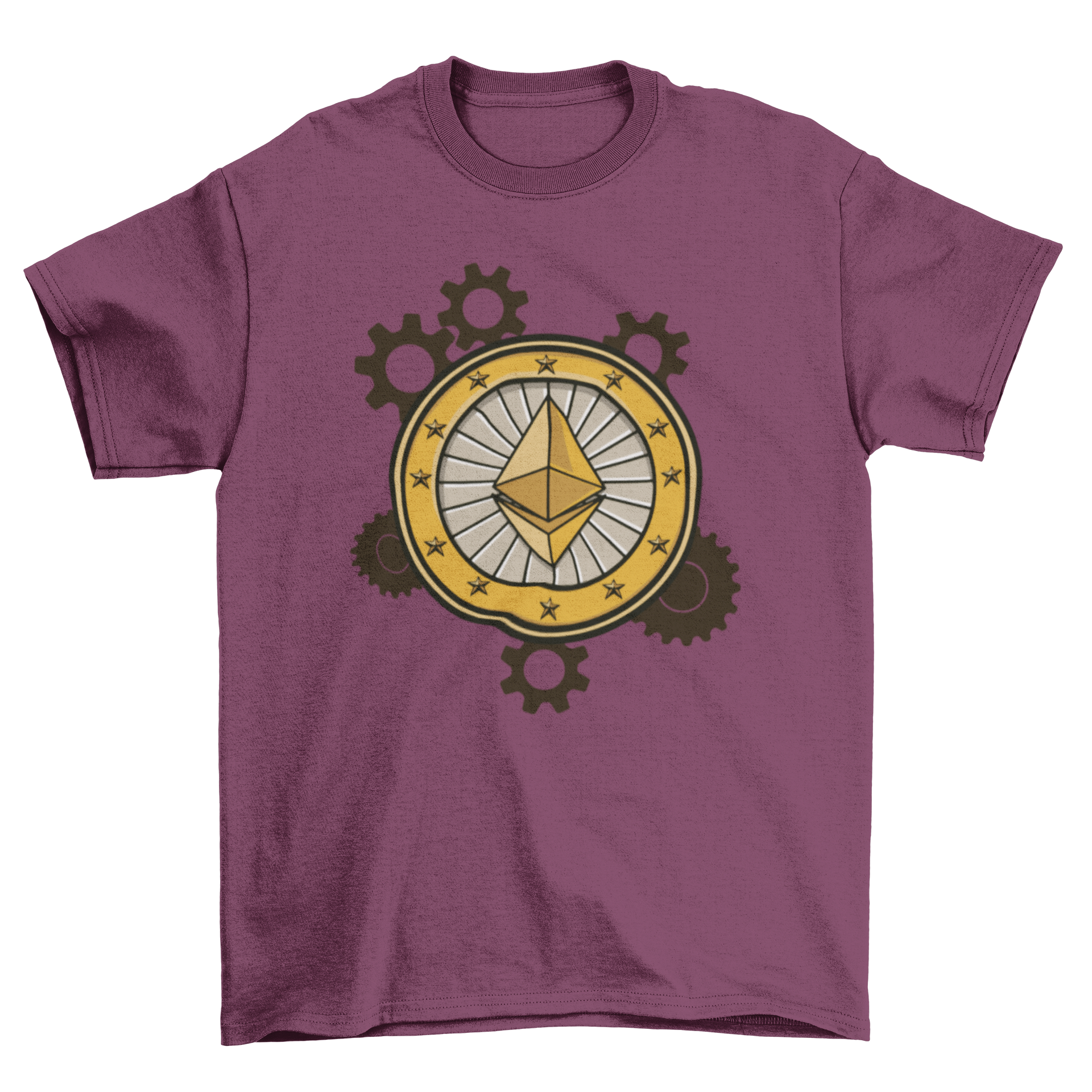 Ethereum gears t-shirt featuring the Ethereum logo in a gear illustration style, showcasing a modern and stylish design.