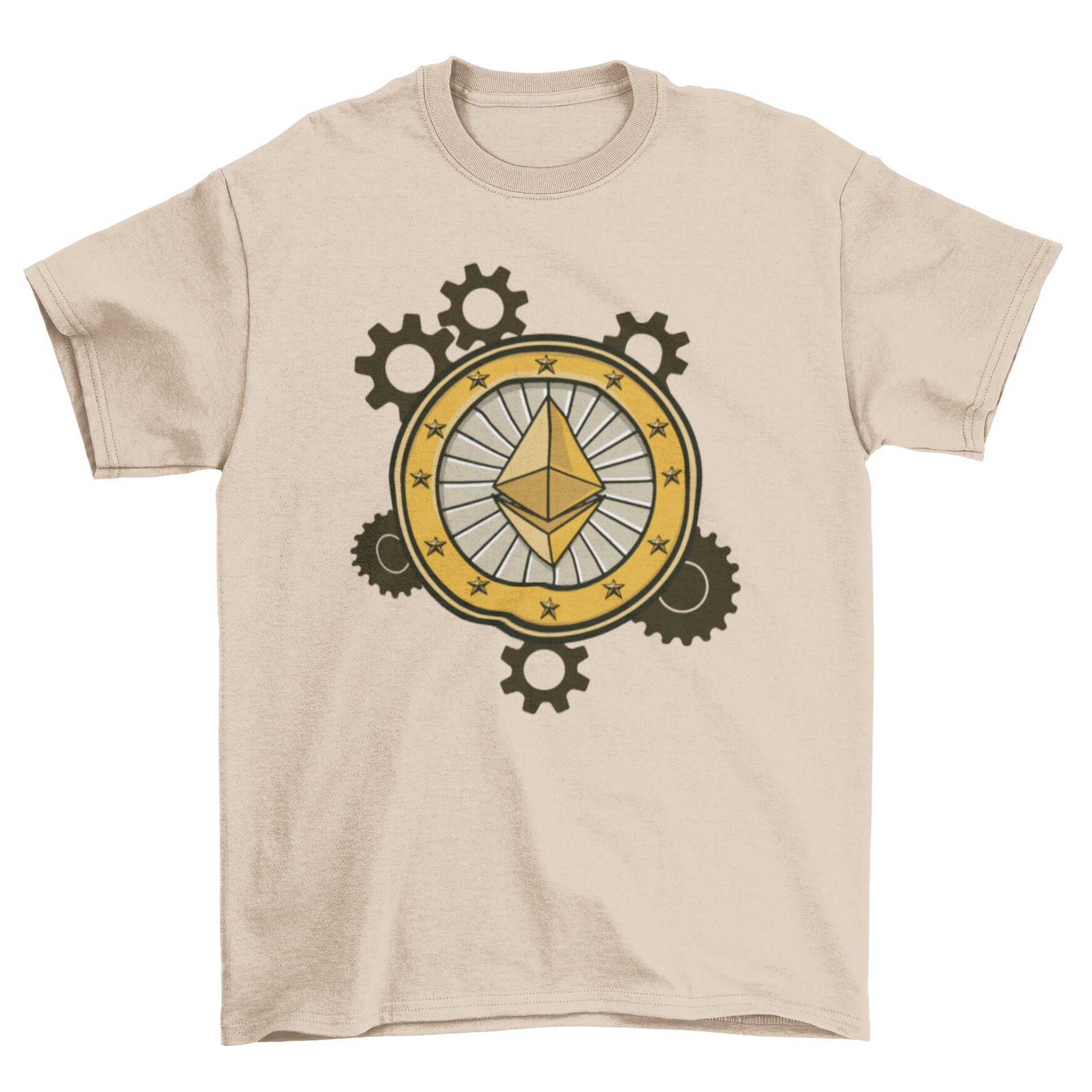 Ethereum gears t-shirt featuring the Ethereum logo in a gear illustration style, showcasing a modern and stylish design.