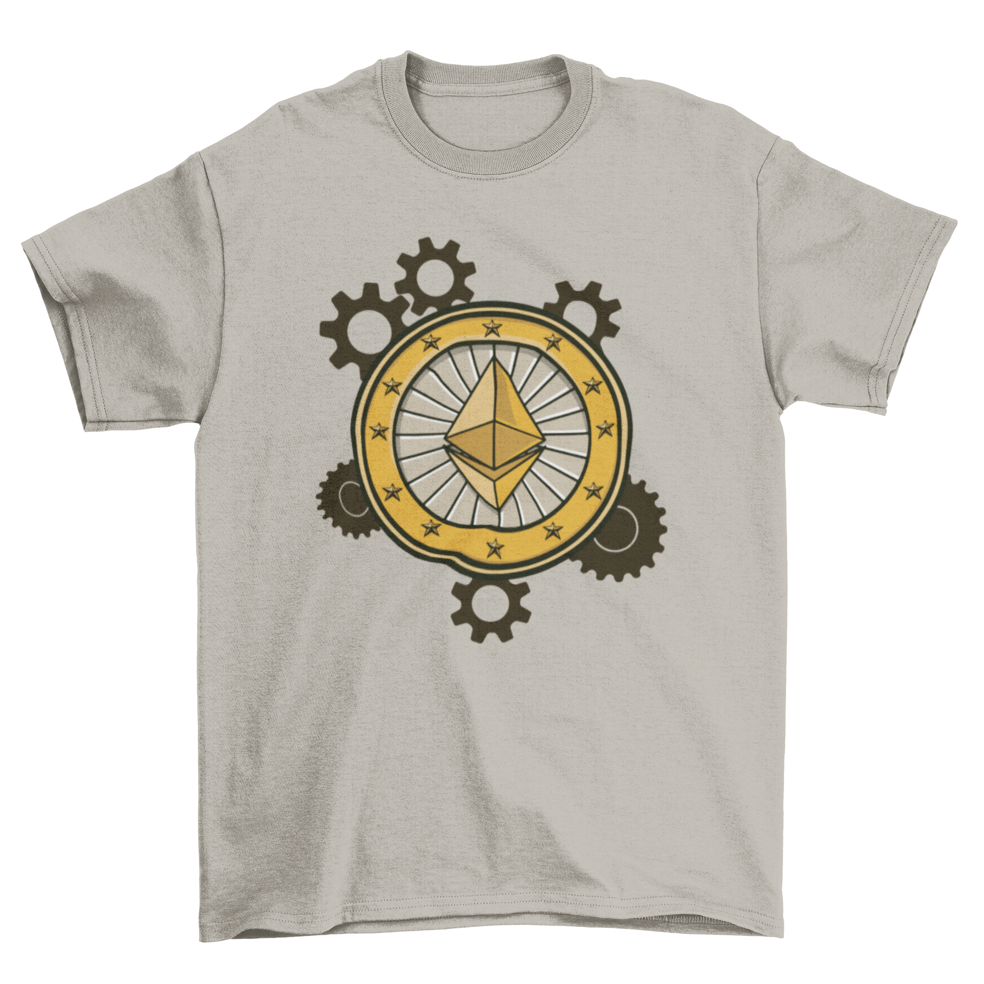 Ethereum gears t-shirt featuring the Ethereum logo in a gear illustration style, showcasing a modern and stylish design.