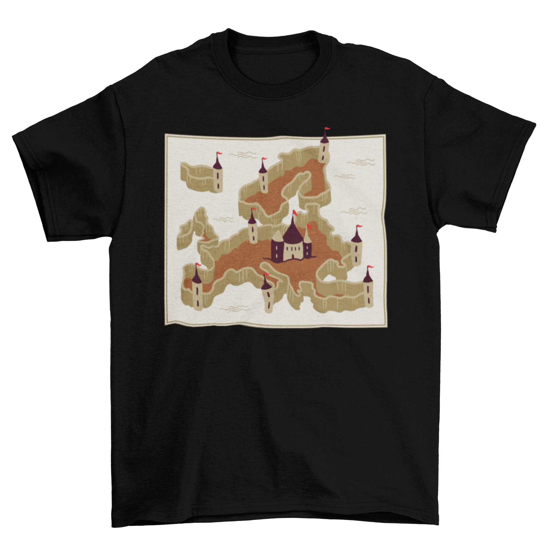 A stylish T-shirt featuring a detailed map of Europe with walls and a castle design, perfect for travel lovers.