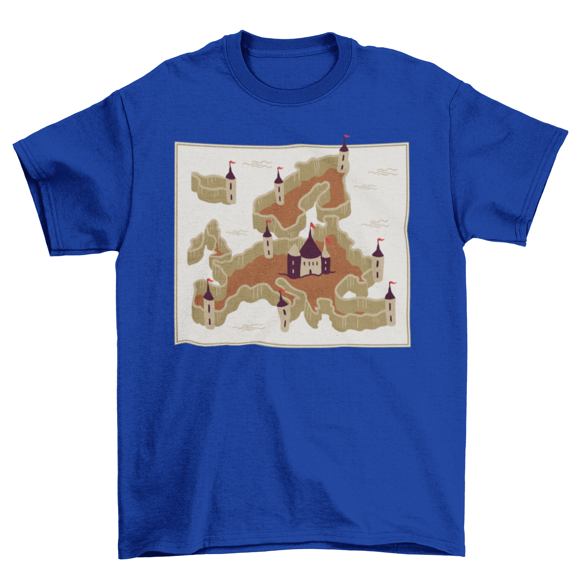 A stylish T-shirt featuring a detailed map of Europe with walls and a castle design, perfect for travel lovers.