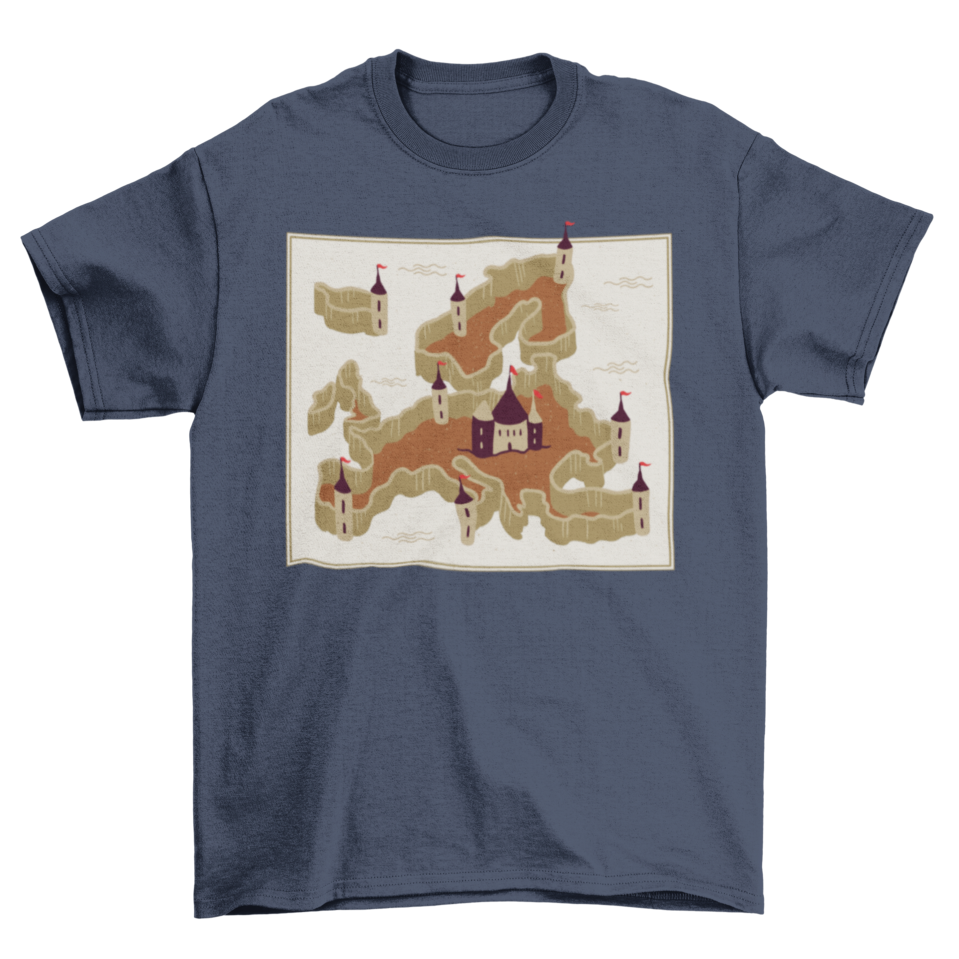 A stylish T-shirt featuring a detailed map of Europe with walls and a castle design, perfect for travel lovers.