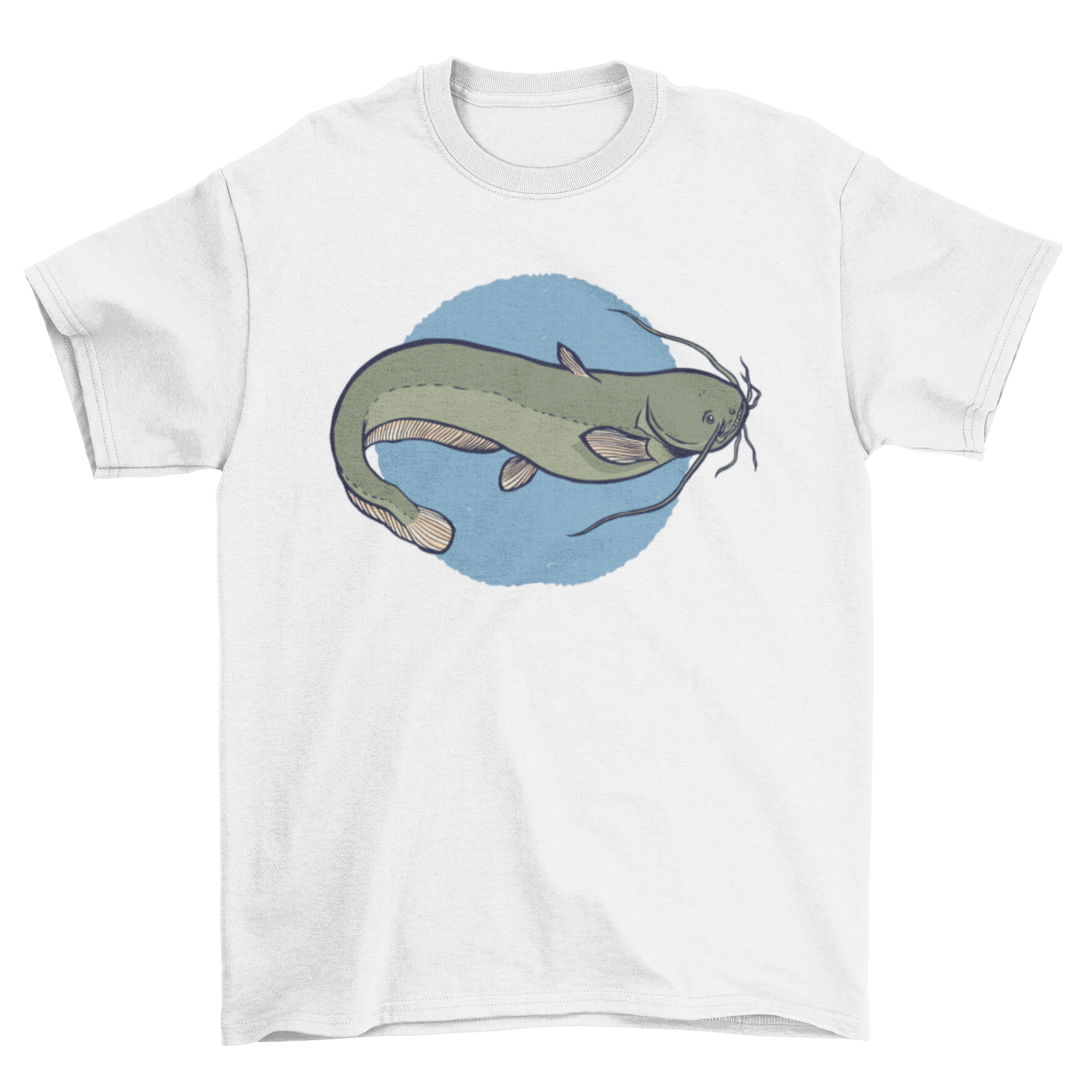 A stylish t-shirt featuring a European catfish illustration over a blue circle, perfect for fishing enthusiasts.