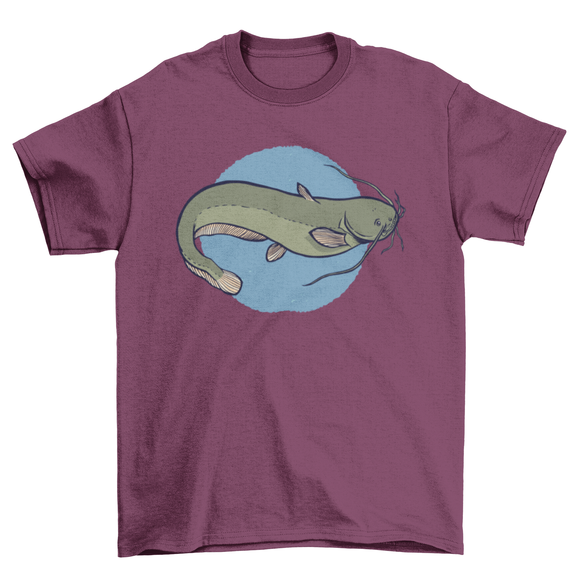 A stylish t-shirt featuring a European catfish illustration over a blue circle, perfect for fishing enthusiasts.