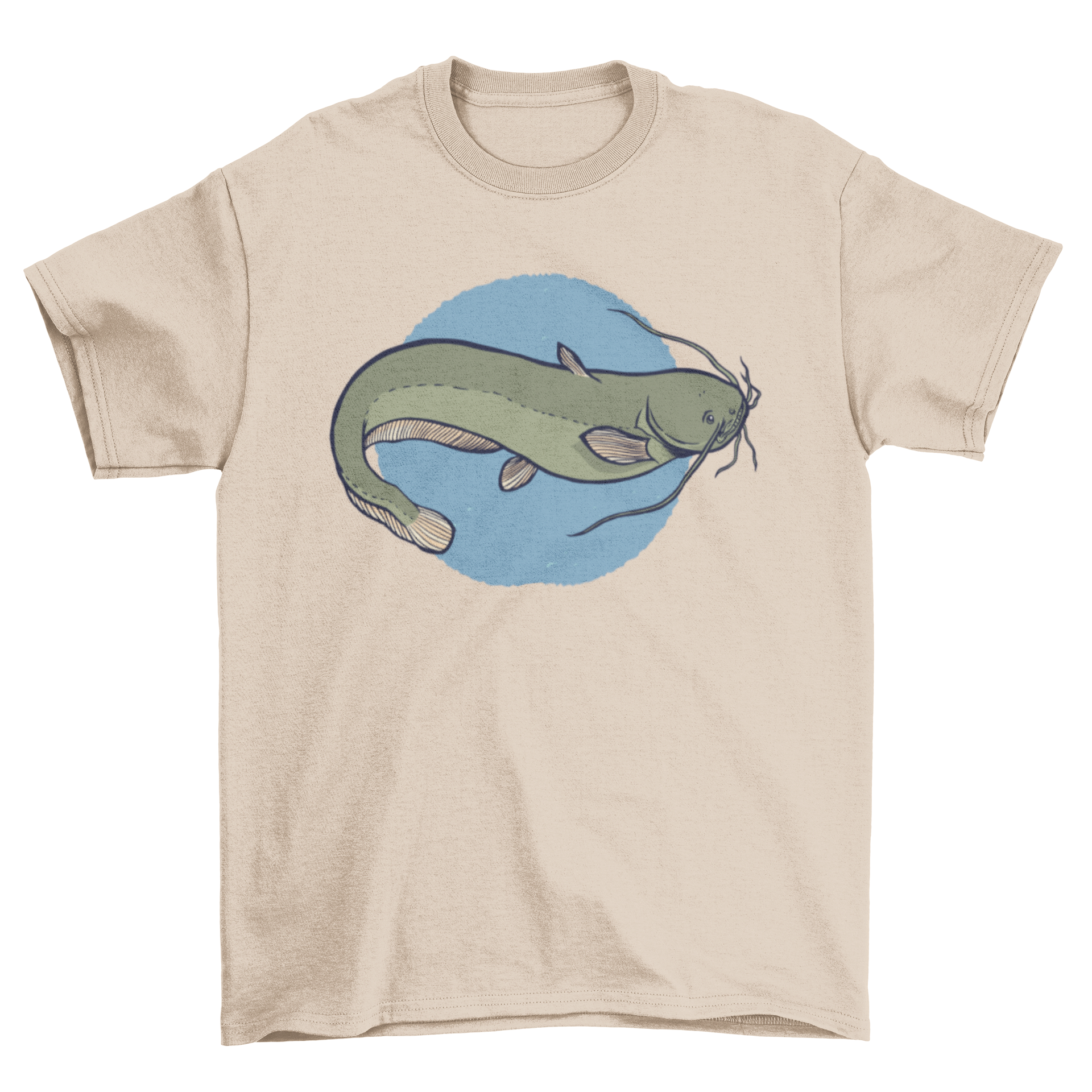 A stylish t-shirt featuring a European catfish illustration over a blue circle, perfect for fishing enthusiasts.