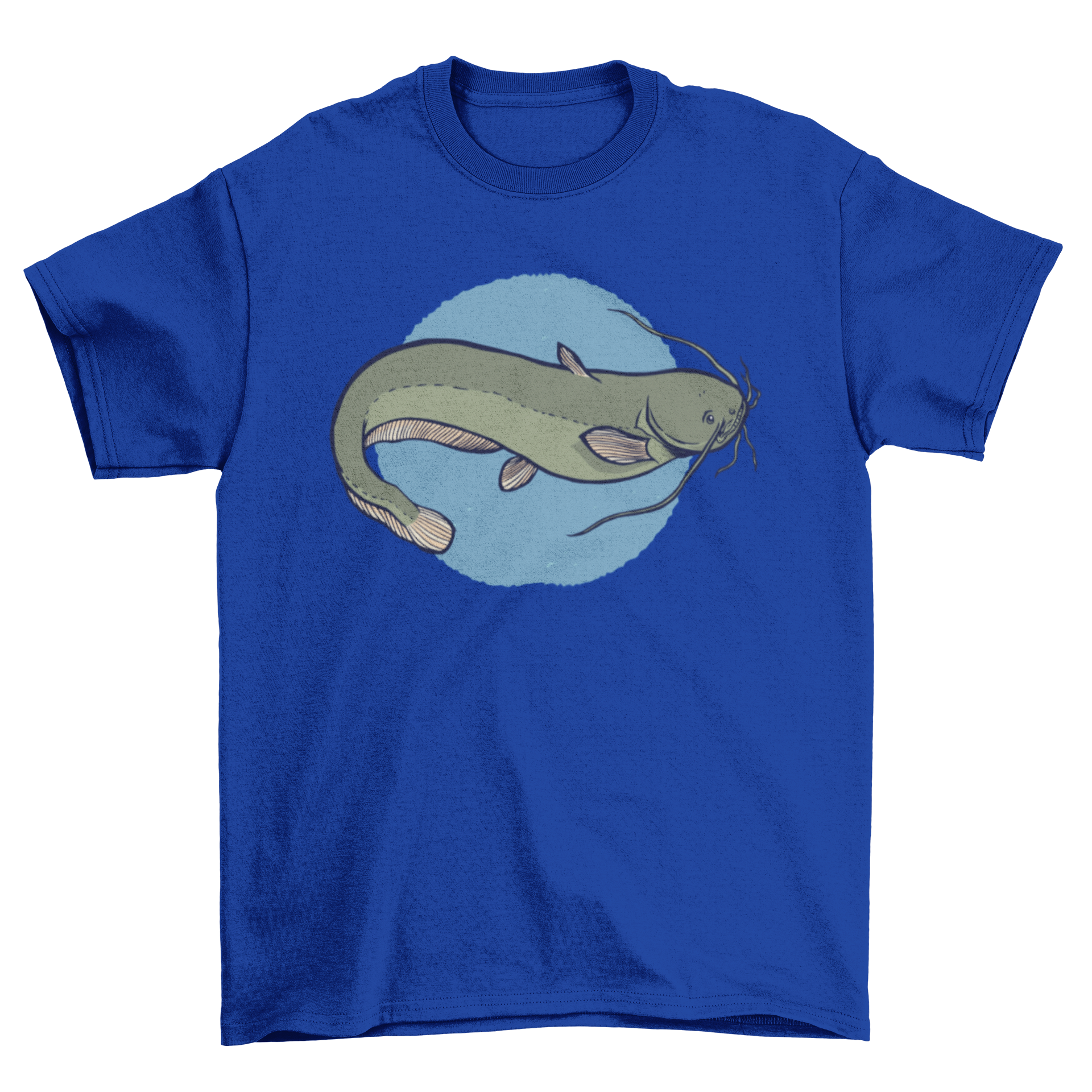 A stylish t-shirt featuring a European catfish illustration over a blue circle, perfect for fishing enthusiasts.