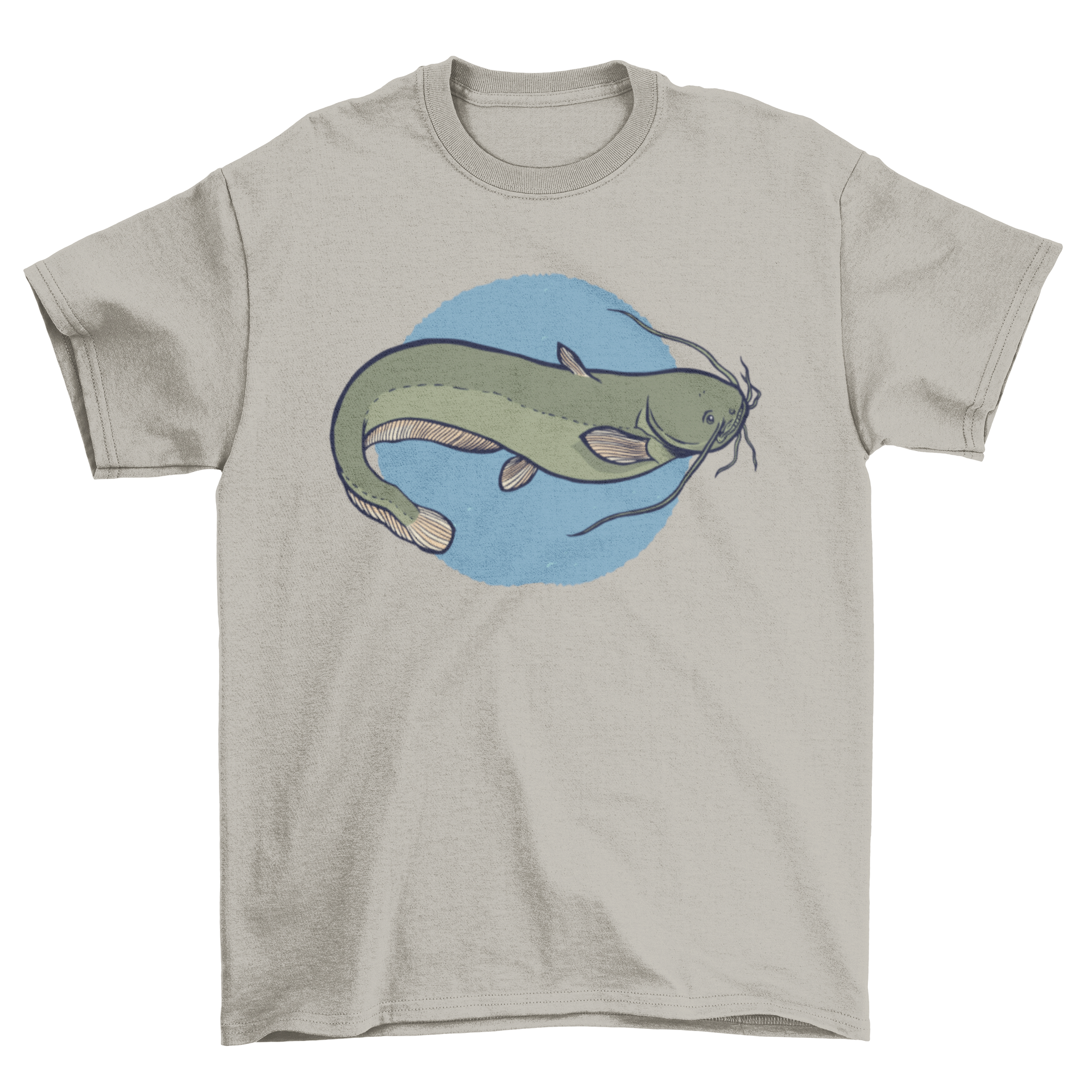 A stylish t-shirt featuring a European catfish illustration over a blue circle, perfect for fishing enthusiasts.