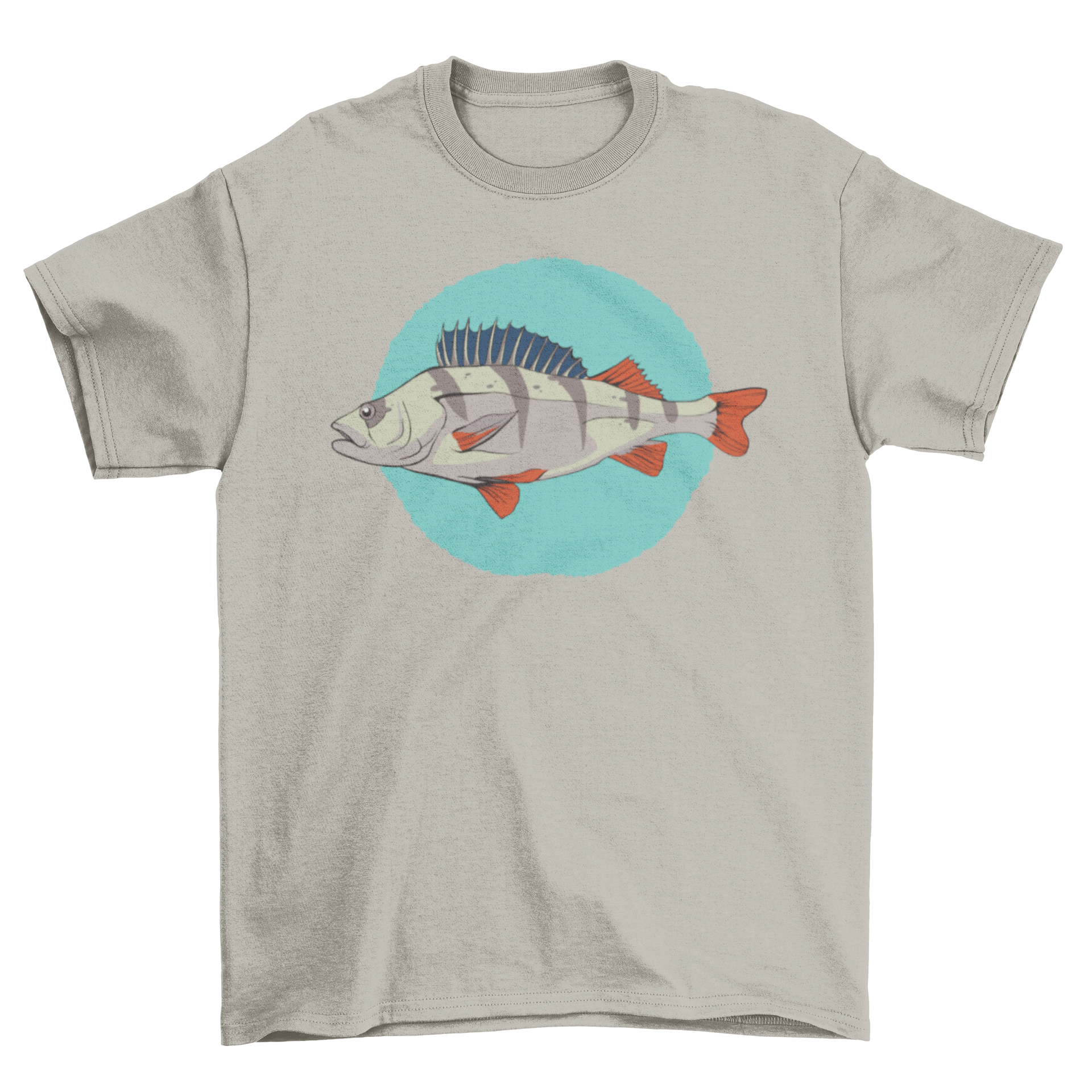 A stylish T-shirt featuring a detailed illustration of a European perch fish, perfect for fishing enthusiasts.