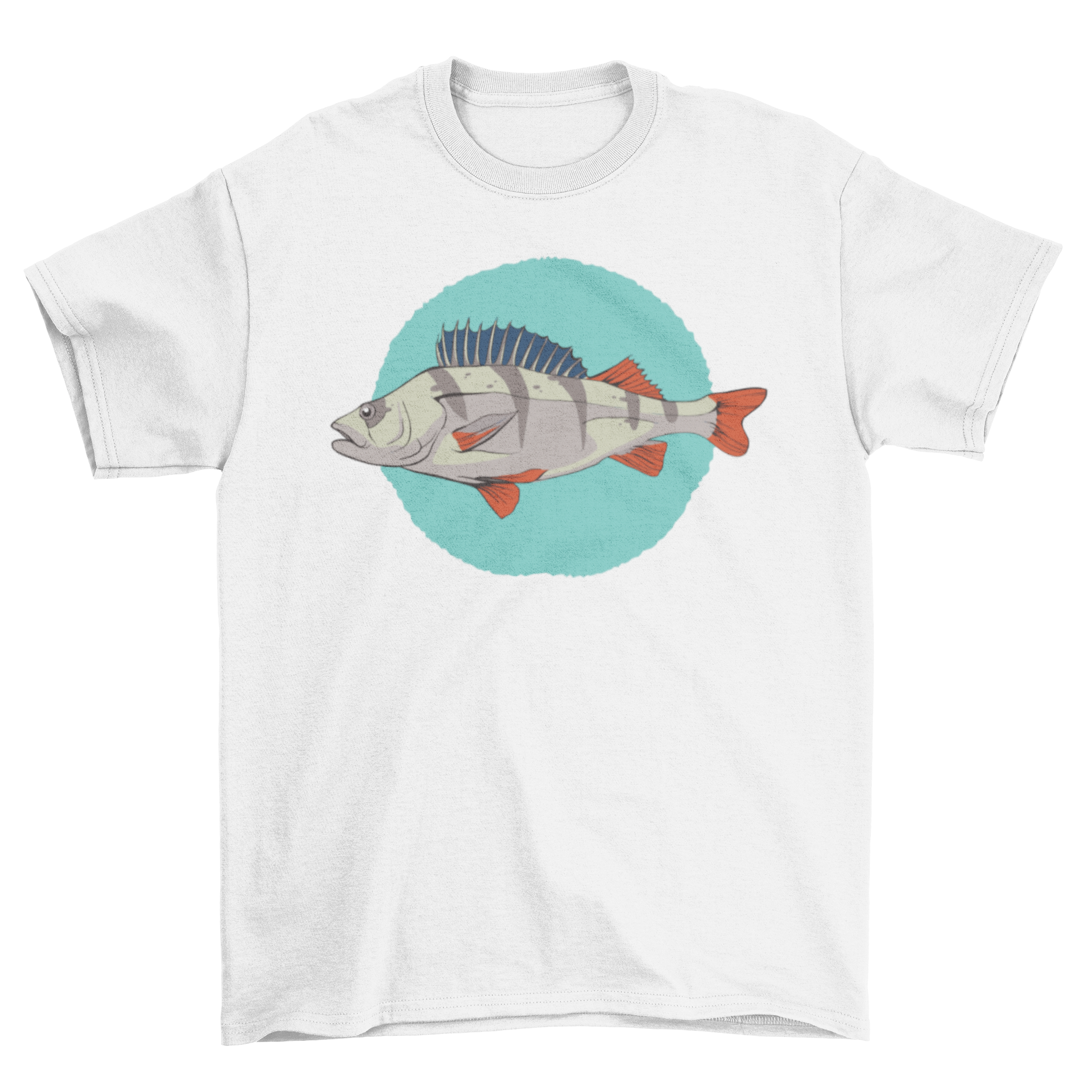 A stylish T-shirt featuring a detailed illustration of a European perch fish, perfect for fishing enthusiasts.