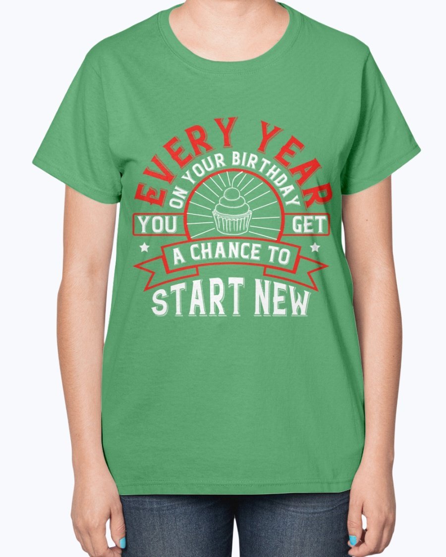 A stylish T-shirt featuring the phrase 'Every year on your birthday, you get a chance to start new', designed for comfort and celebration.