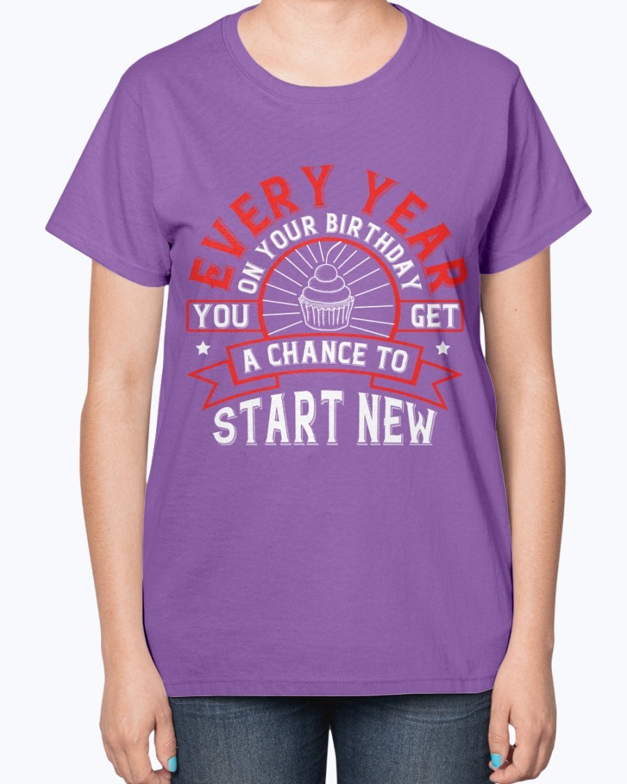 A stylish T-shirt featuring the phrase 'Every year on your birthday, you get a chance to start new', designed for comfort and celebration.