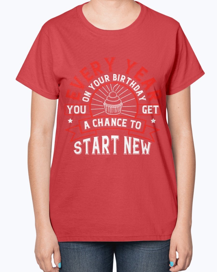 A stylish T-shirt featuring the phrase 'Every year on your birthday, you get a chance to start new', designed for comfort and celebration.