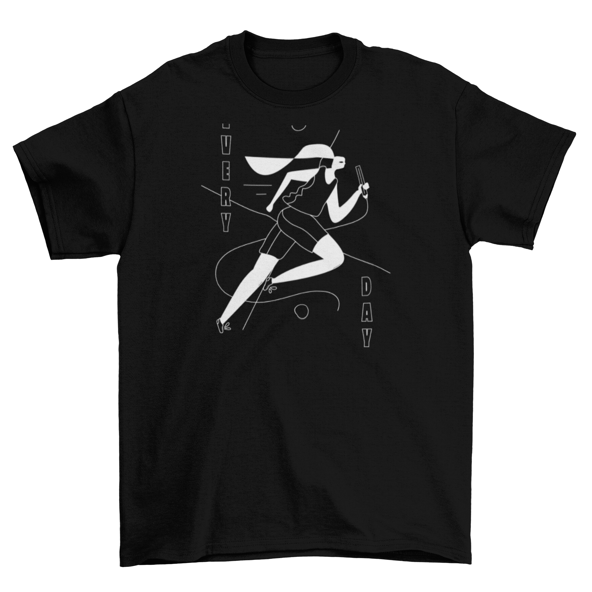 Everyday runner t-shirt featuring an abstract illustration of a woman running with the quote 'Every day'.