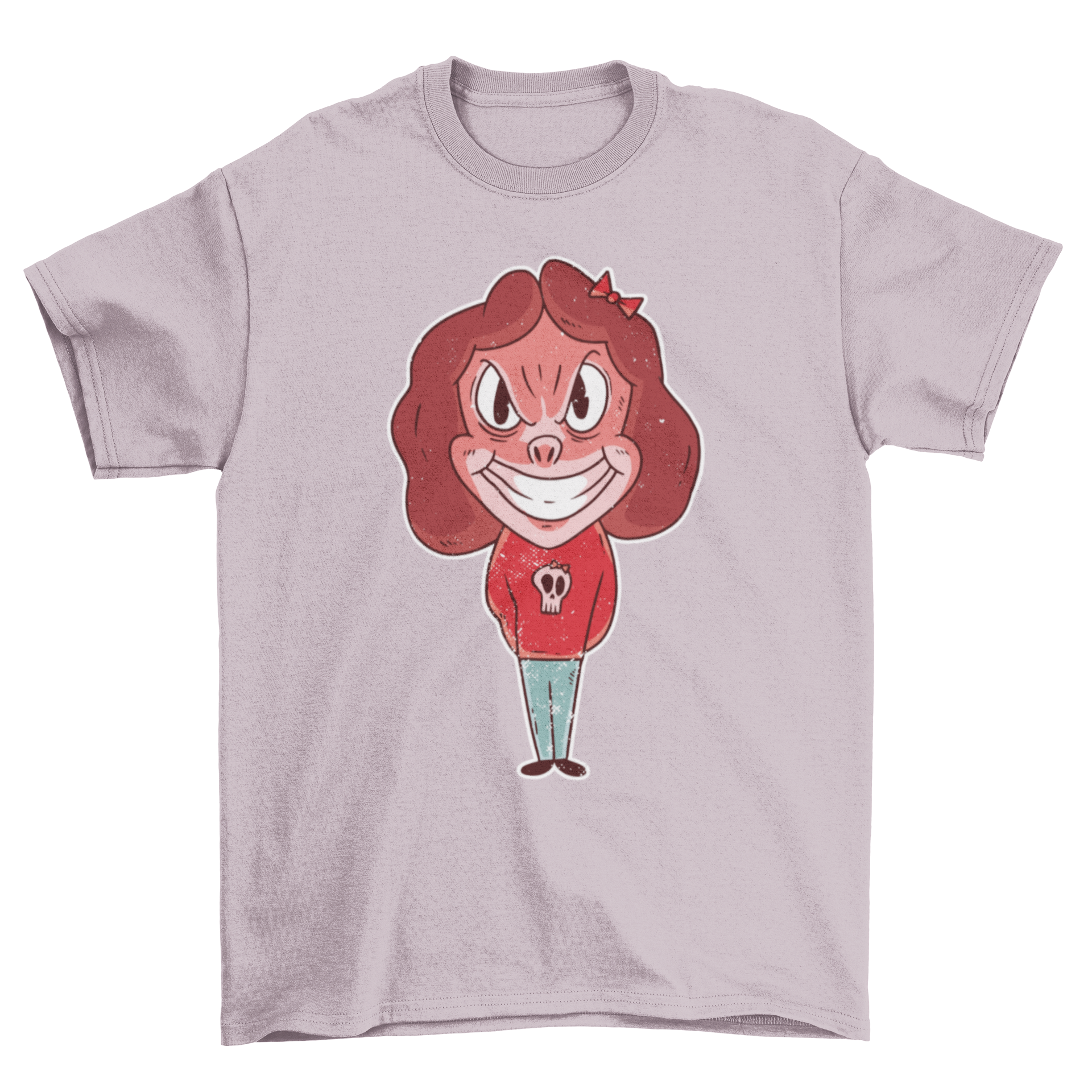 Evil girl t-shirt featuring a smiling evil girl illustration, perfect for edgy fashion enthusiasts.