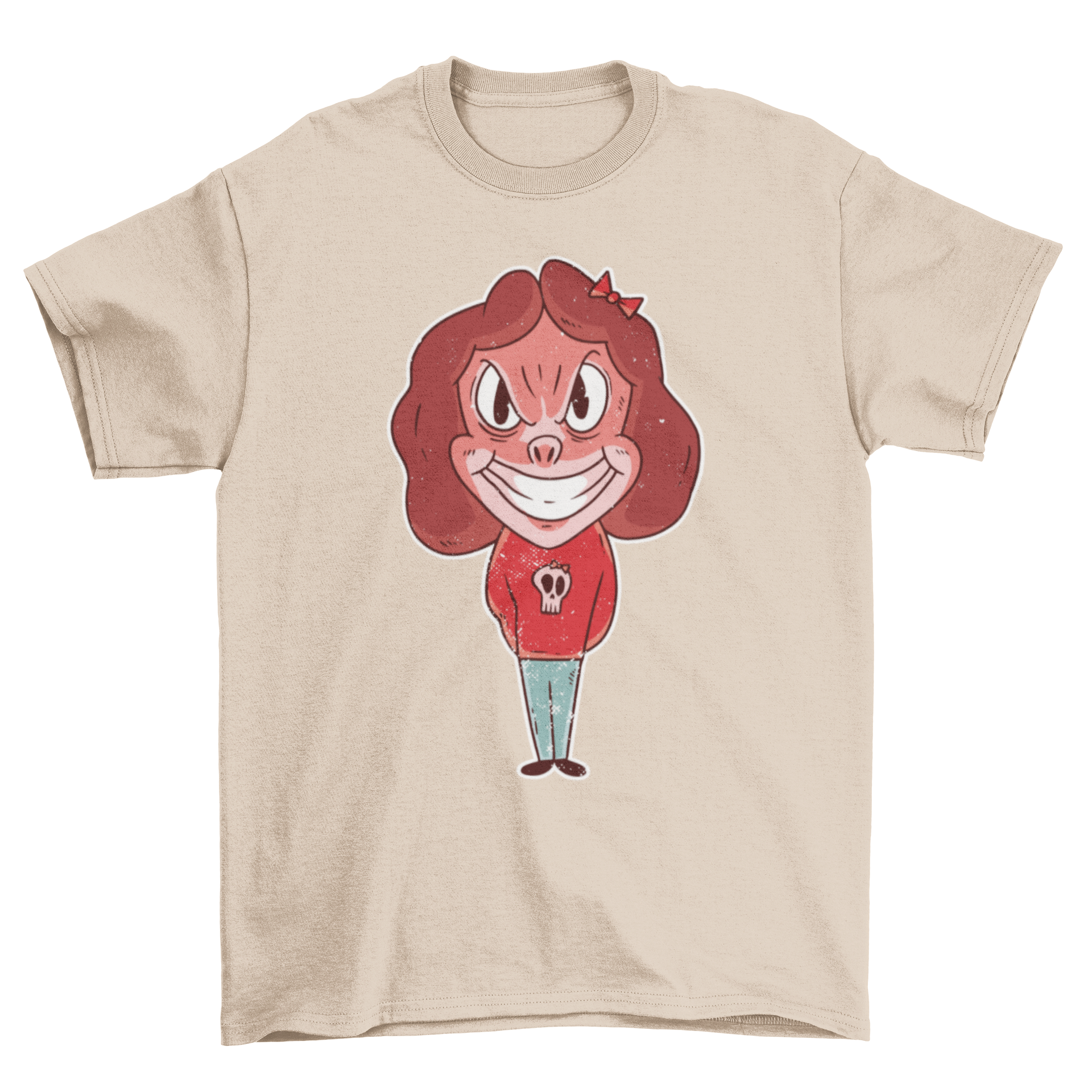 Evil girl t-shirt featuring a smiling evil girl illustration, perfect for edgy fashion enthusiasts.