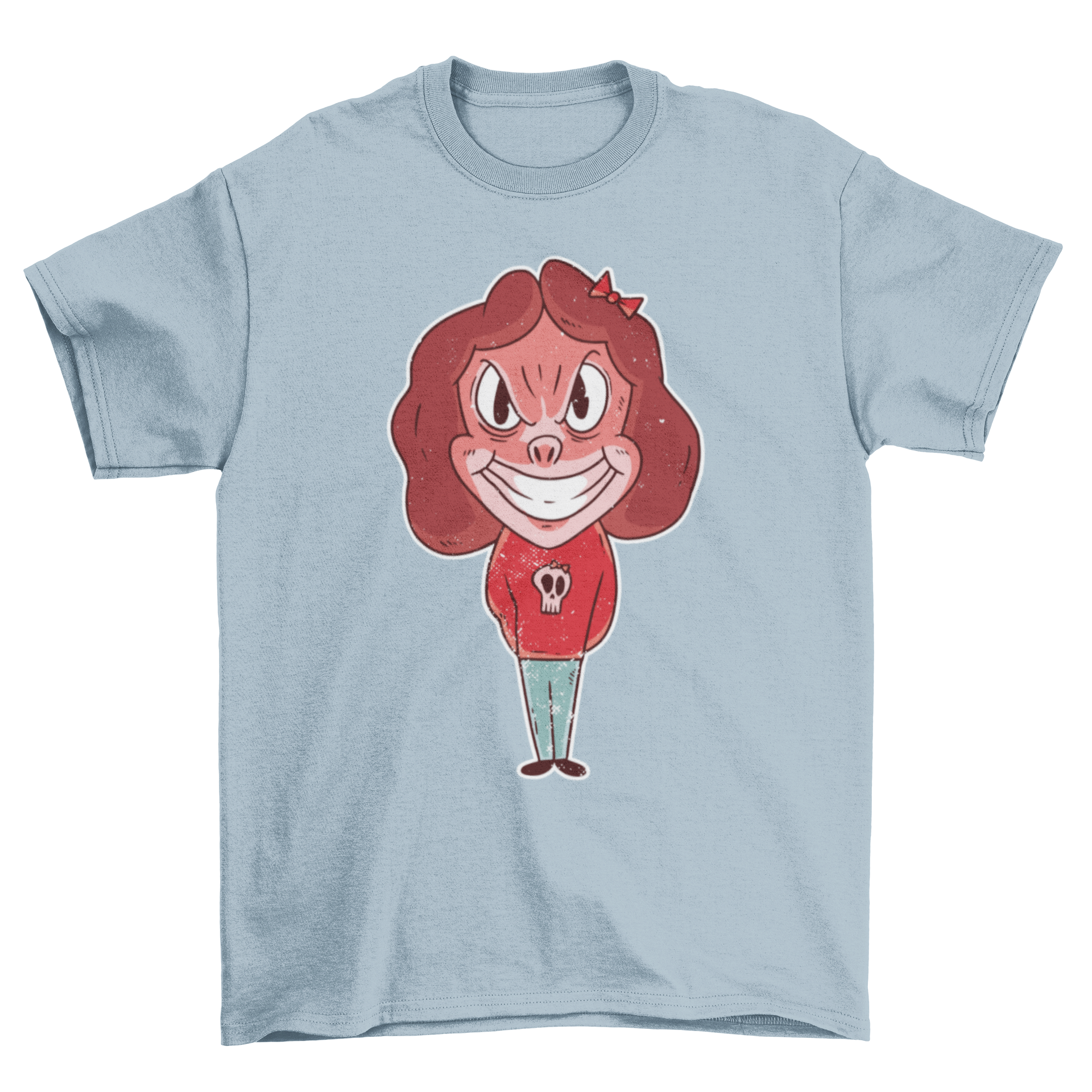 Evil girl t-shirt featuring a smiling evil girl illustration, perfect for edgy fashion enthusiasts.