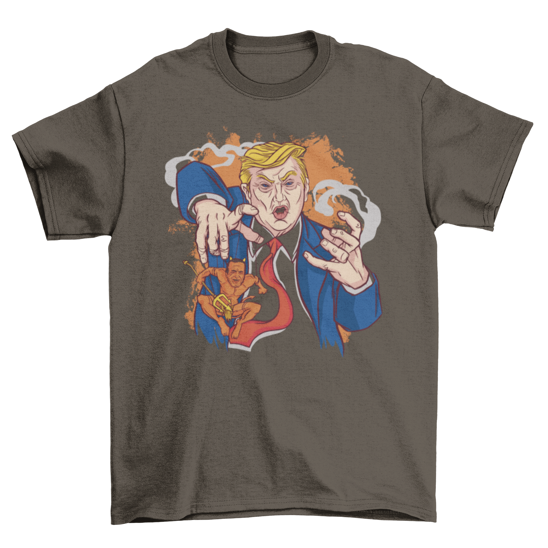 Evil Trump and Biden t-shirt featuring Trump as a puppeteer and Biden depicted as a devil.