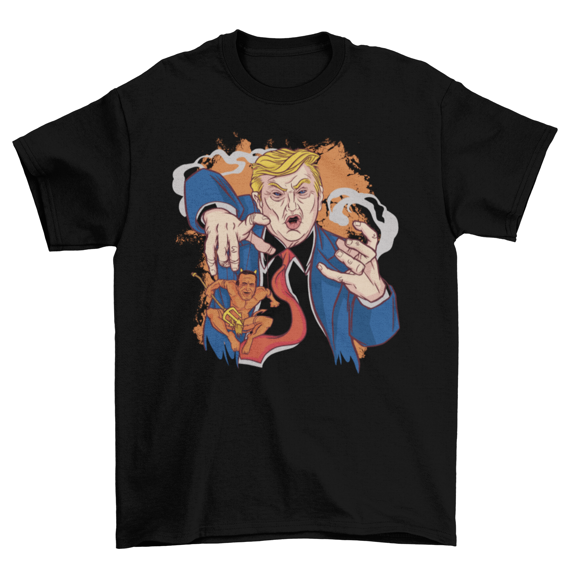 Evil Trump and Biden t-shirt featuring Trump as a puppeteer and Biden depicted as a devil.