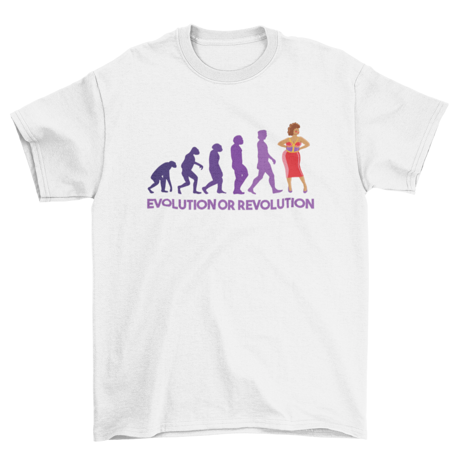 Evolution or Revolution t-shirt featuring human evolution silhouettes leading to a drag queen, showcasing diversity and creativity.