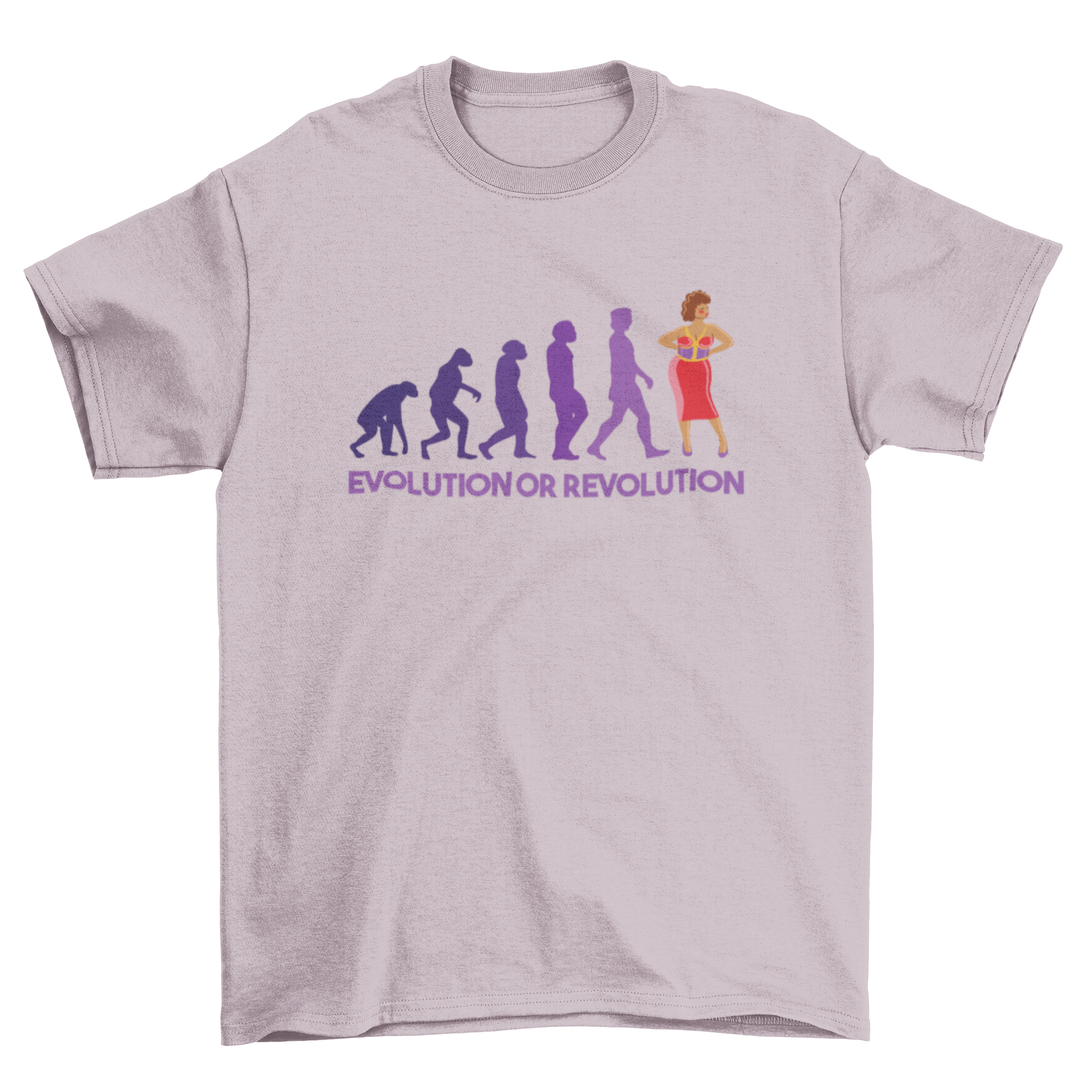 Evolution or Revolution t-shirt featuring human evolution silhouettes leading to a drag queen, showcasing diversity and creativity.