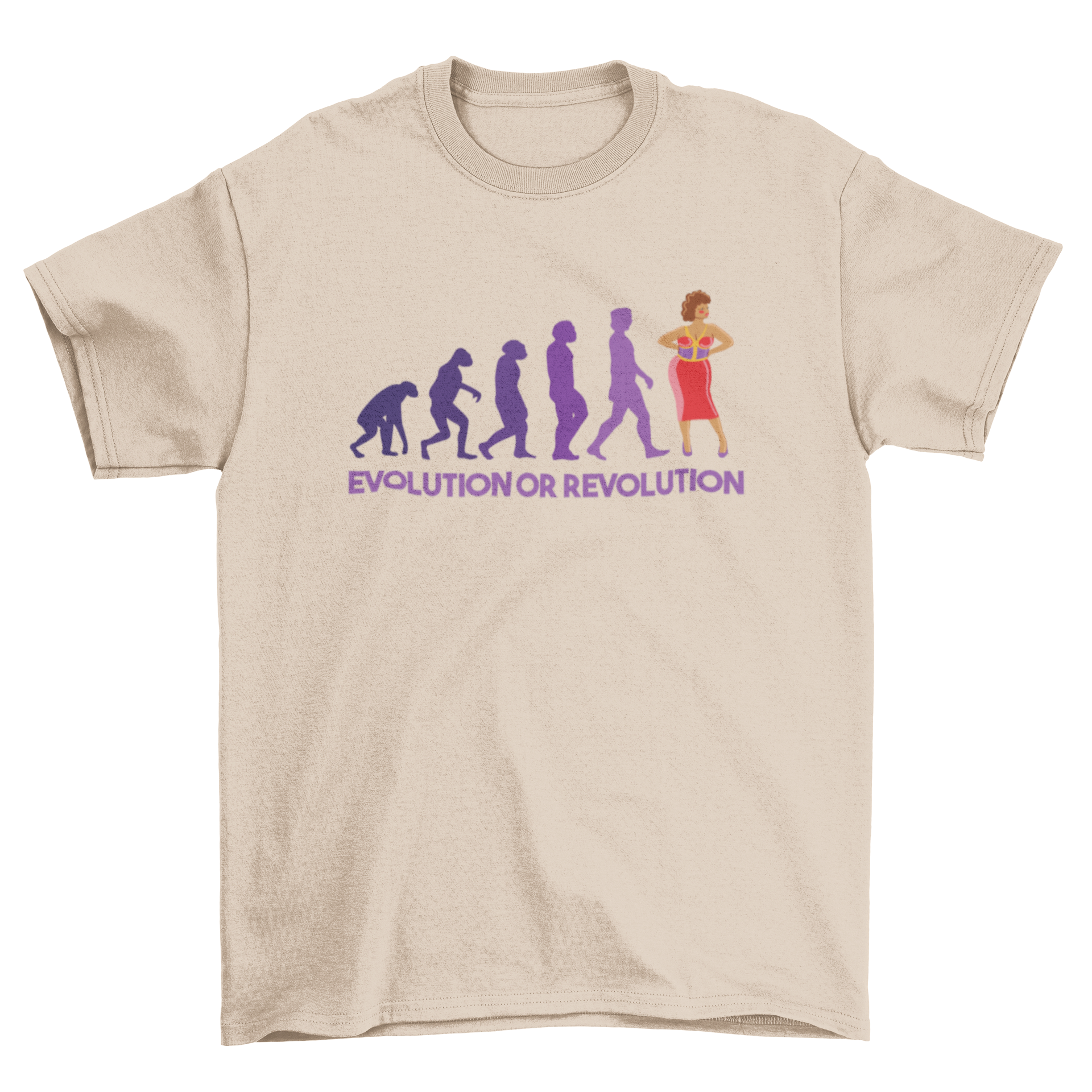 Evolution or Revolution t-shirt featuring human evolution silhouettes leading to a drag queen, showcasing diversity and creativity.