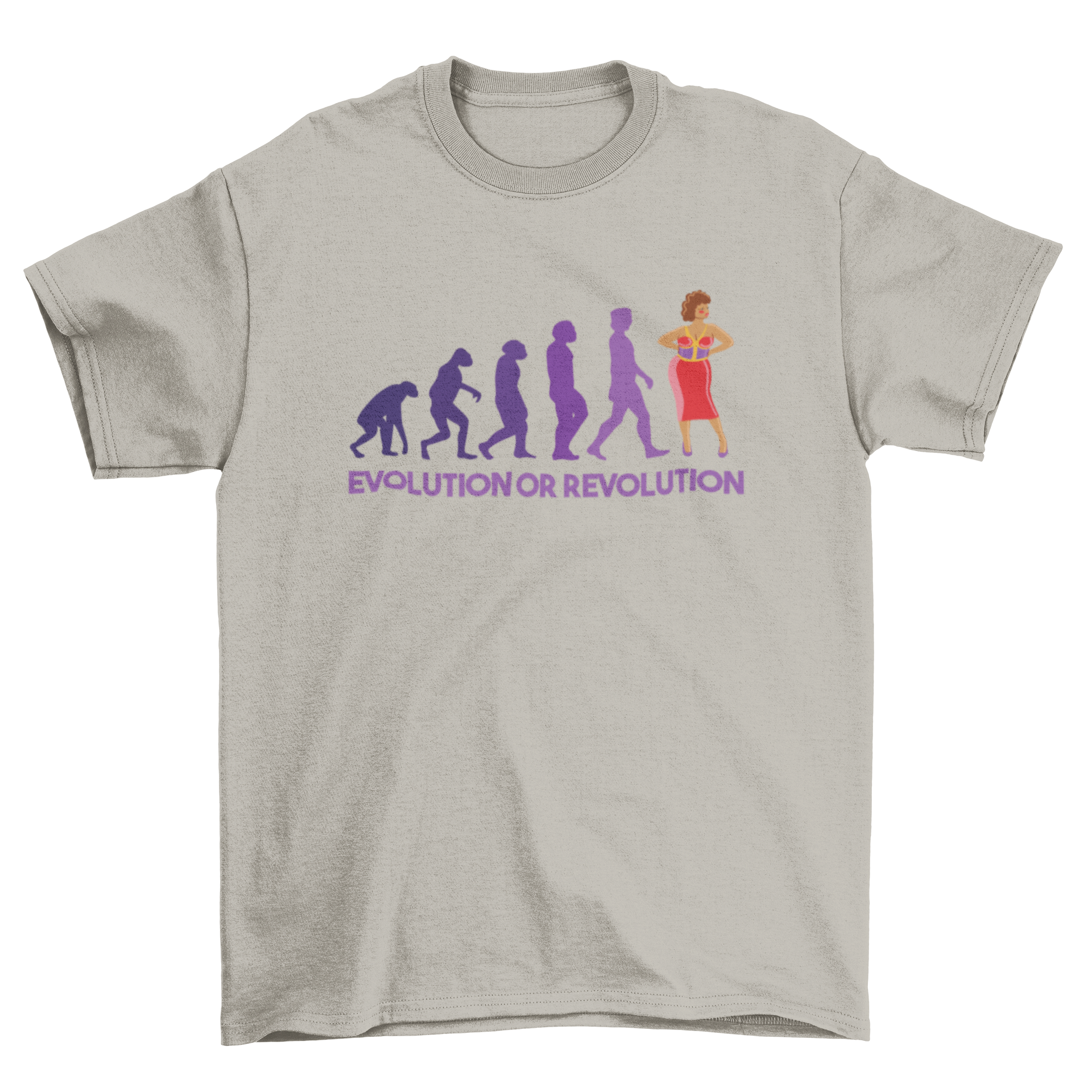 Evolution or Revolution t-shirt featuring human evolution silhouettes leading to a drag queen, showcasing diversity and creativity.