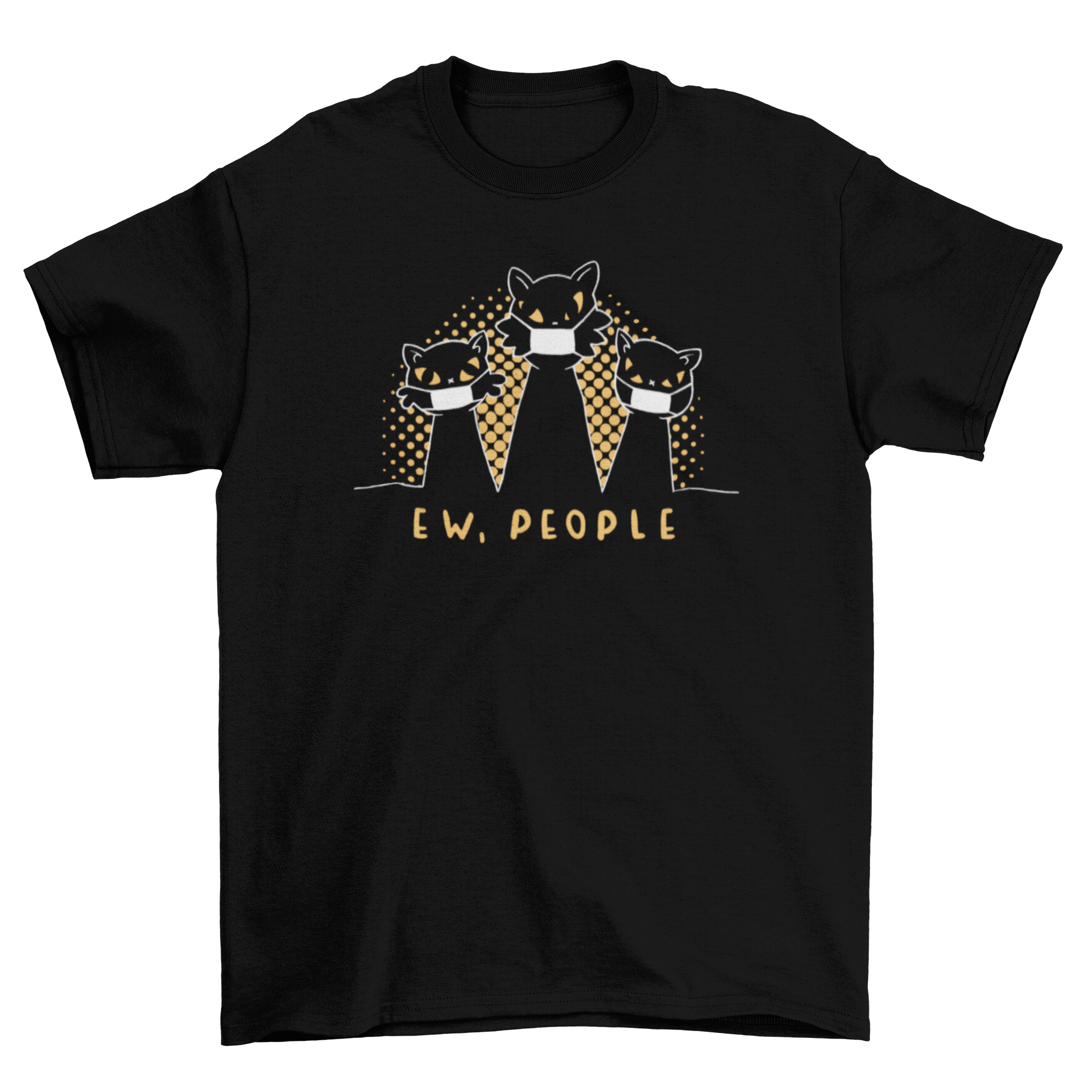 Funny t-shirt featuring three cats in face masks with 'Ew People' caption.