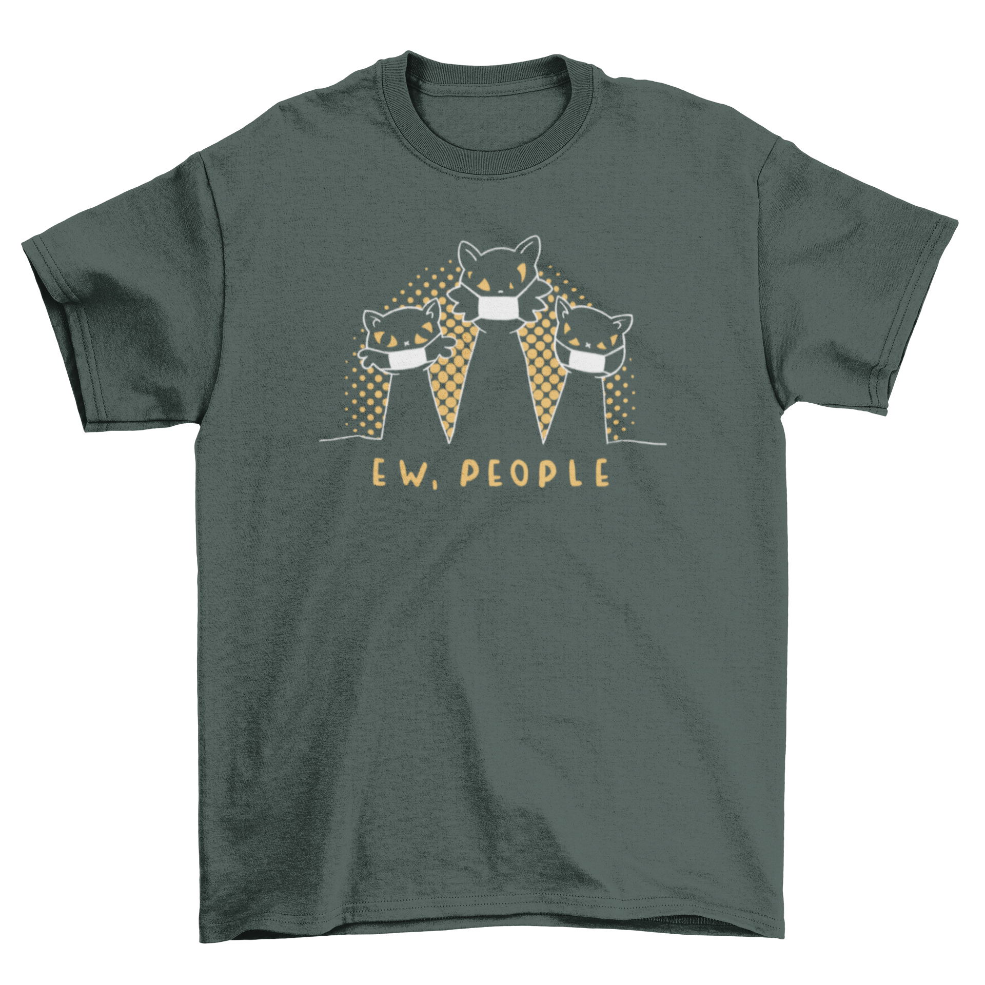 Funny t-shirt featuring three cats in face masks with 'Ew People' caption.